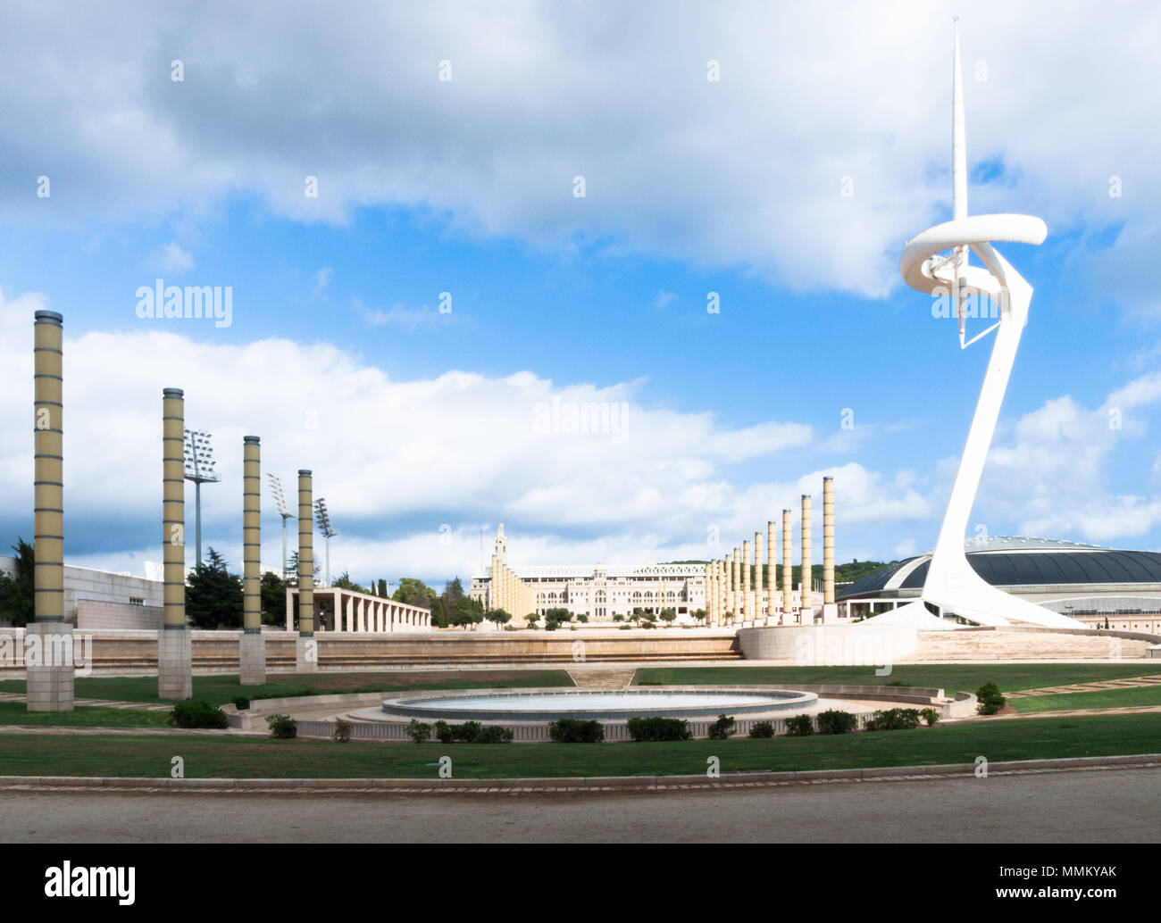 Barcelona, Spain / April 27, 2016: telecommunications tower in the form of a torch in the Olympic Park. The Olympic Games were in Barcelona in 1992. Stock Photo