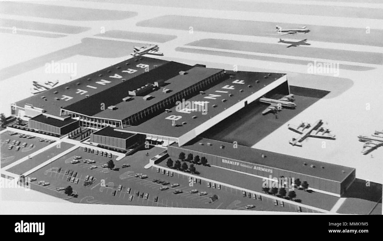 . English: Luckman & Pereira design in graphical form prior to construction. Building located at 7701 Lemmon Avenue on the east side of Dallas Love Field. In 2012, the City of Dallas Aviation Department filed a petition to demolish the building. No public hearing has been held.  . 1957. Braniff International Airways (Life time: 1989) 96 Braniff Operations and Maintenance Base Architectural Rendering Stock Photo