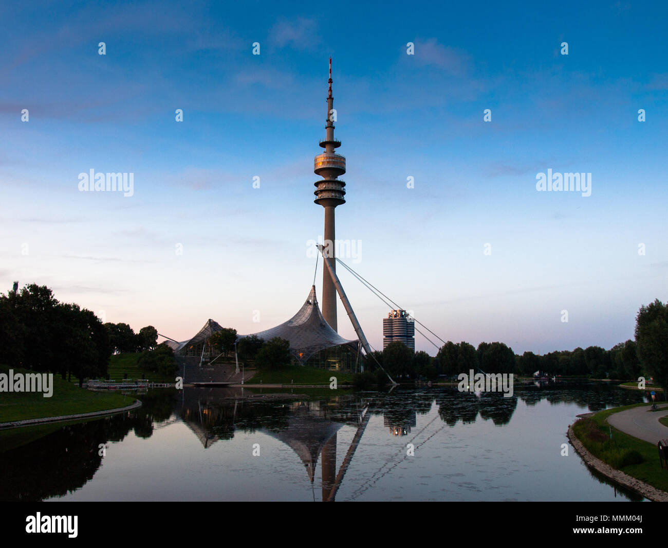 MUNICH, GERMANY - MARCH 15, 2015: Olympic Stadium (Olympiastadium) at sunset, Munich, Bavaria, Germany Stock Photo