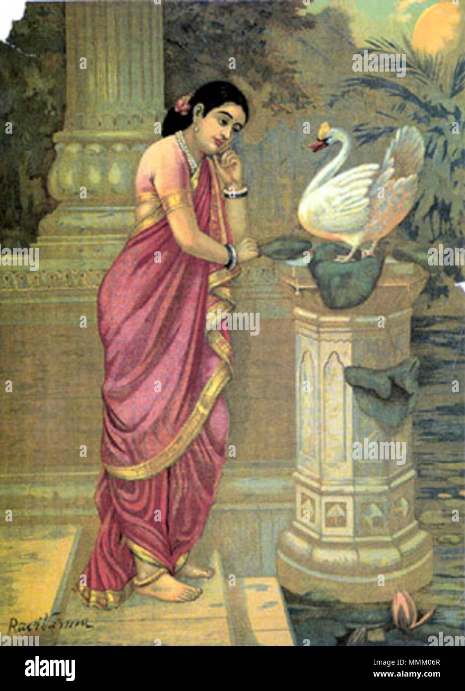 . English: Smith Poster Archive - Damayanti and the Swan Damayanti and the Swan Artist: Ravi Varma Publisher: Ravi-Vijaya Press, Ghatkopar 19' X 13 1/16' H. Daniel Smith Poster Archive, Department of Special Collections, Syracuse University Library, no 0061 This print is the work of the Kerala artist Ravi Varma (d. 1906), a founding figure in the tradition of prints and colored lithographs. This poster portrays an episode from the epic, Mahabharata, in which a swan tells Damayanti about the excellent qualities of Nala, King of Nishadha. The poster is reminiscent of Western representations of t Stock Photo