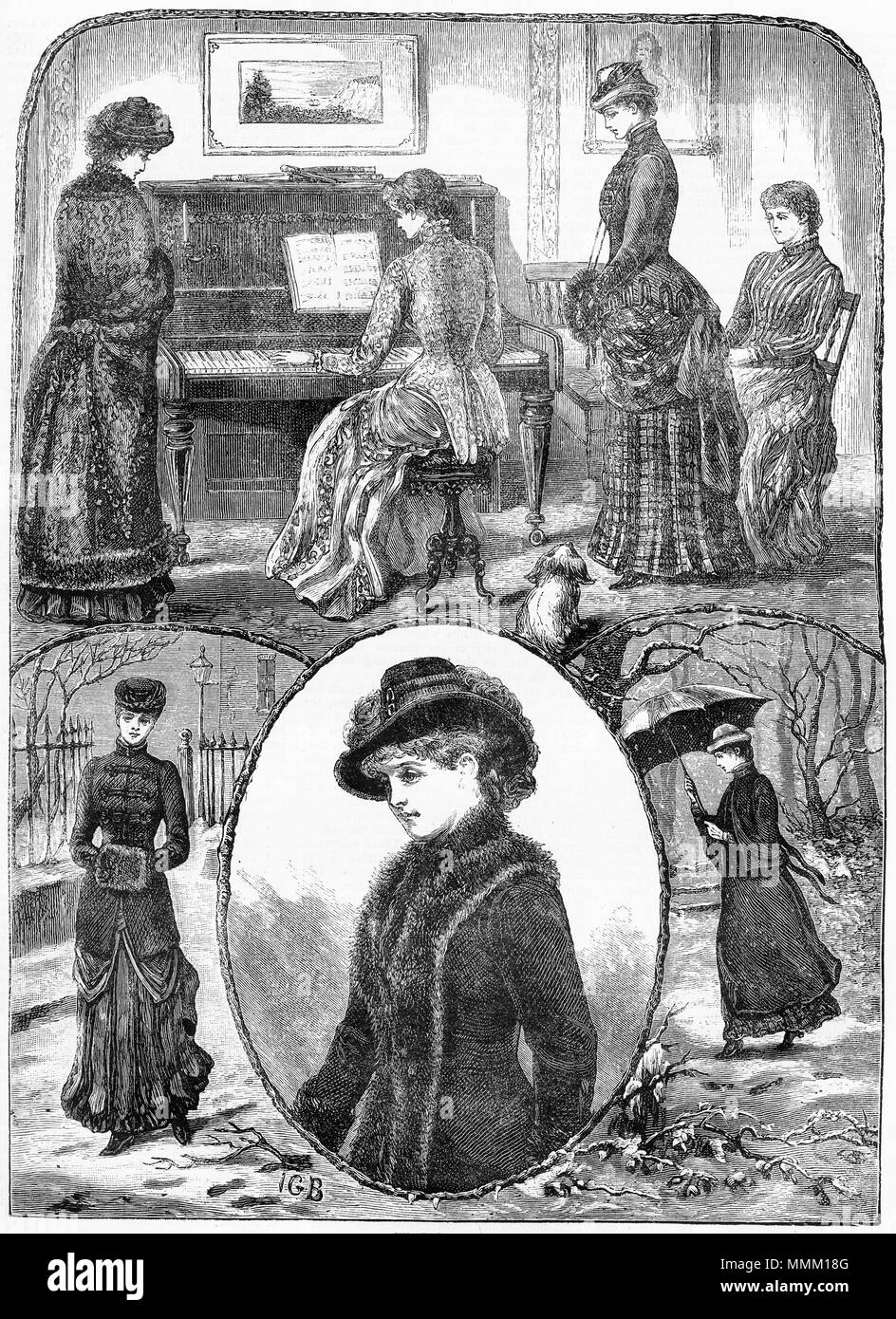 Engraving of young women in fashionable Victorian dress for the winter of 1883. From an original engraving in the Girl's Own Paper magazine 1883. Stock Photo