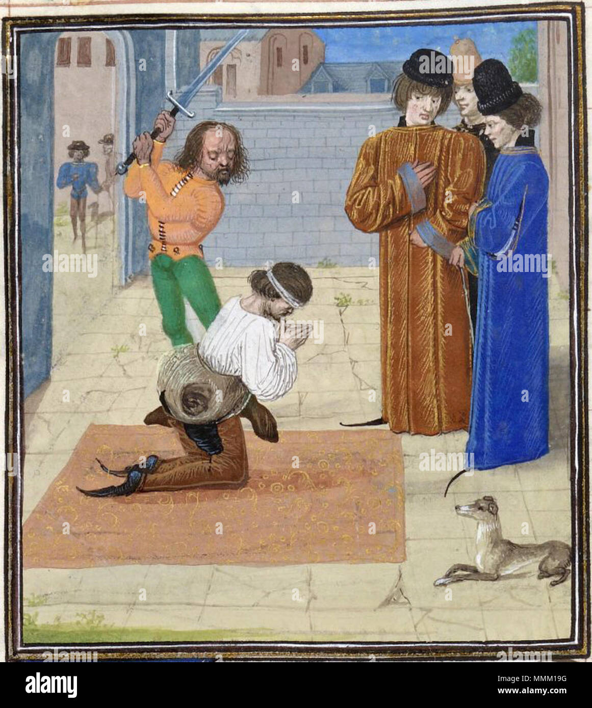 . English: The execution of Robert Tresilian, as depicted in Jean Froissart's Chroniques.  . 15th century.   Jean Froissart  (1337–1410)       Alternative names Jean Froissart. A chronicler of medieval France who wrote 'Froissart's Chronicles' which is an important source of information for the first half of the Hundred Years' War.  Description French chronicler, historian, canon, poet and writer  Date of birth/death 1330s 1405  Location of birth/death Valenciennes Chimay  Authority control  : Q315000 VIAF:?100178580 ISNI:?0000 0001 1821 9033 LCCN:?n50023448 NLA:?35105465 GND:?118536370 WorldC Stock Photo