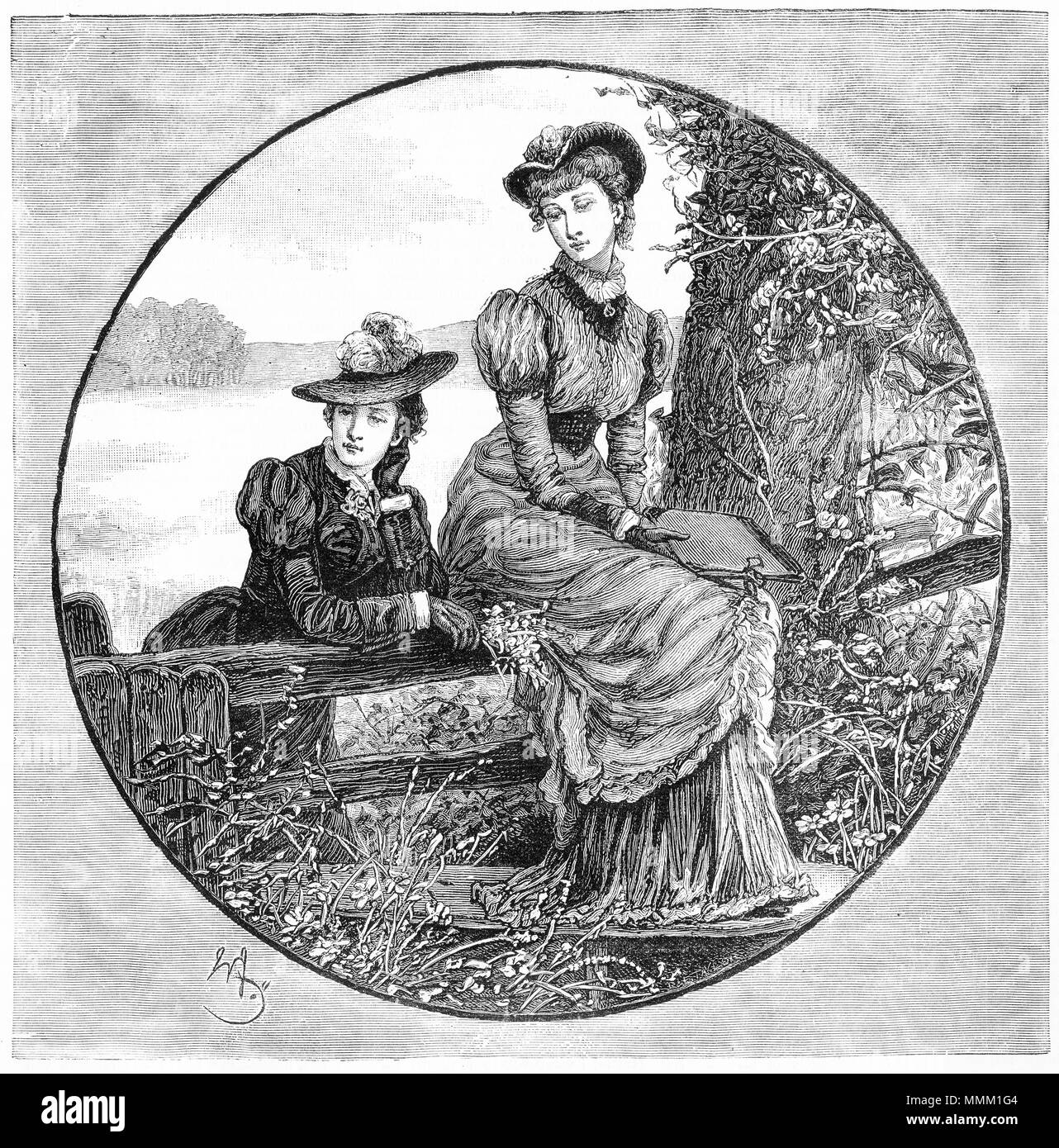 Engraving of two winsome young women in Victorian dress. From an original engraving in the Girl's Own Paper magazine 1882. Stock Photo