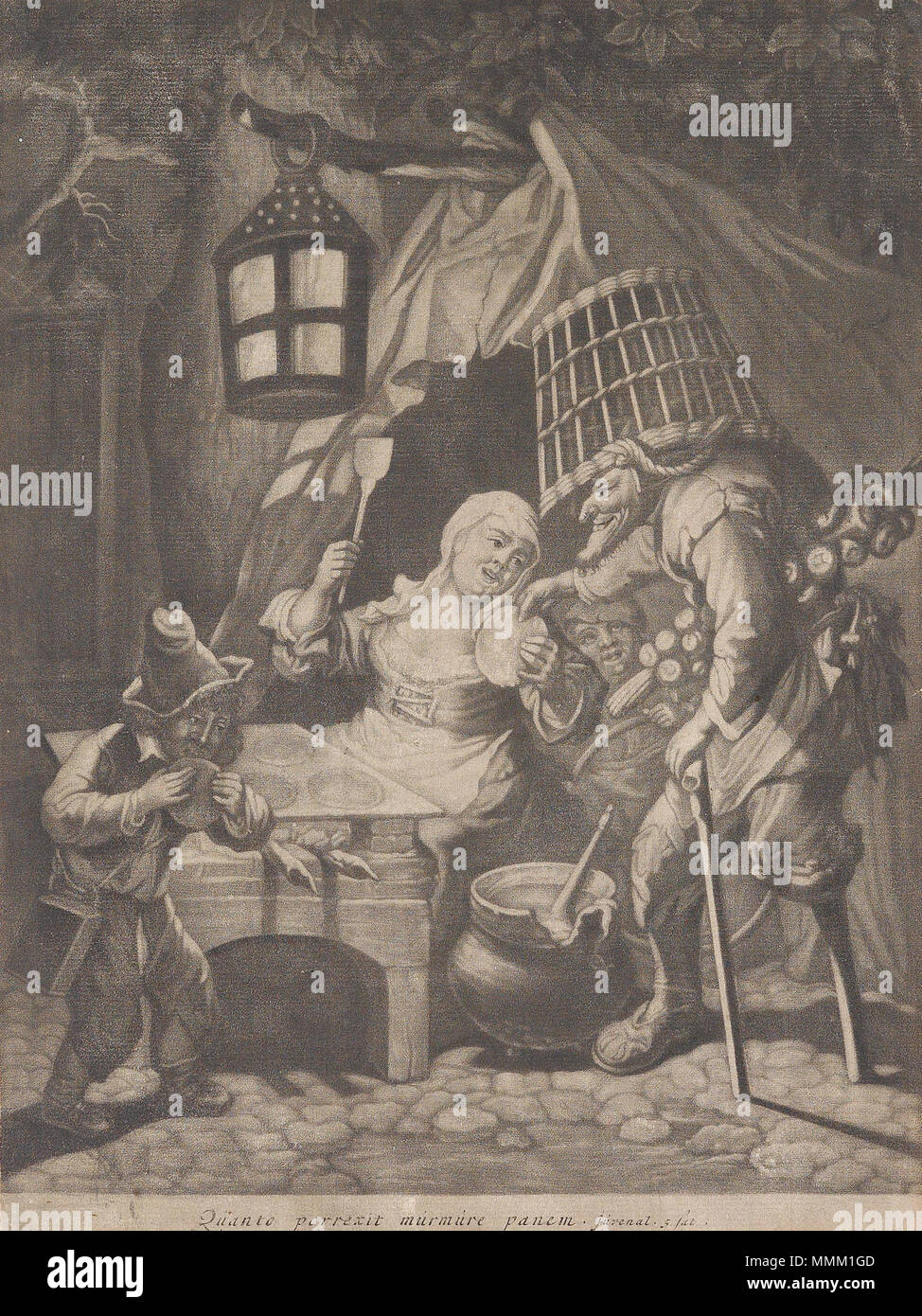 . Der Geschmack, Mezzotinto um 1690, aus einer Serie mit Allegorien der fünf Sinne, auf feinem Bütten, 24,5 x 18,2 cm, 'Quanto porrexit murmure pane. Juvenal 5. Sat.'  . circa 1690.   Cornelis Dusart  (1660–1704)     Alternative names Cornelis Dusaert, Cornelis du Sart  Description Dutch painter, etcher and draughtsman  Date of birth/death 24 April 1660 1 October 1704  Location of birth/death Haarlem Haarlem  Work period 1679–1704  Work location Amsterdam (1695); Haarlem (1679 - 1704)  Authority control  : Q1133546 VIAF:?37185575 ISNI:?0000 0000 6657 6492 ULAN:?500002441 LCCN:?n96089348 WGA:?D Stock Photo