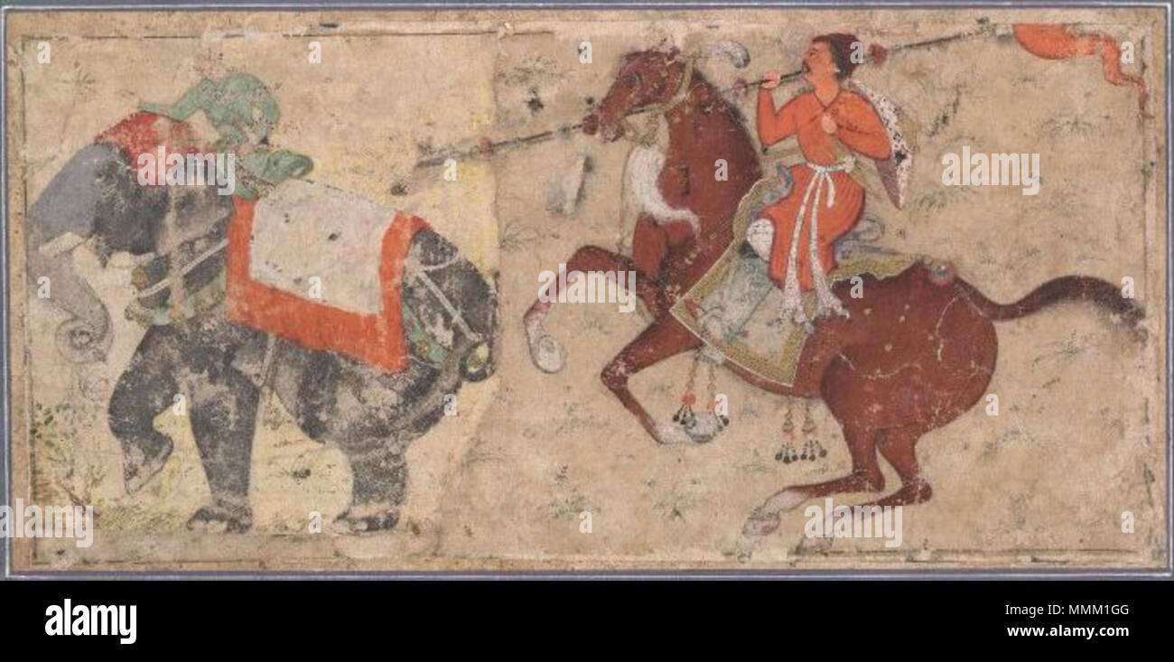 . English: Painting illustrating an elephant with his mahout attacked by a spearman on horse. Void background. No text. Painted in opaque watercolour on paper. Two miniatures joined together  . 16thC(Late). Mughal Style 43 An elephant with his mahout attacked by a spearman on horse. Stock Photo