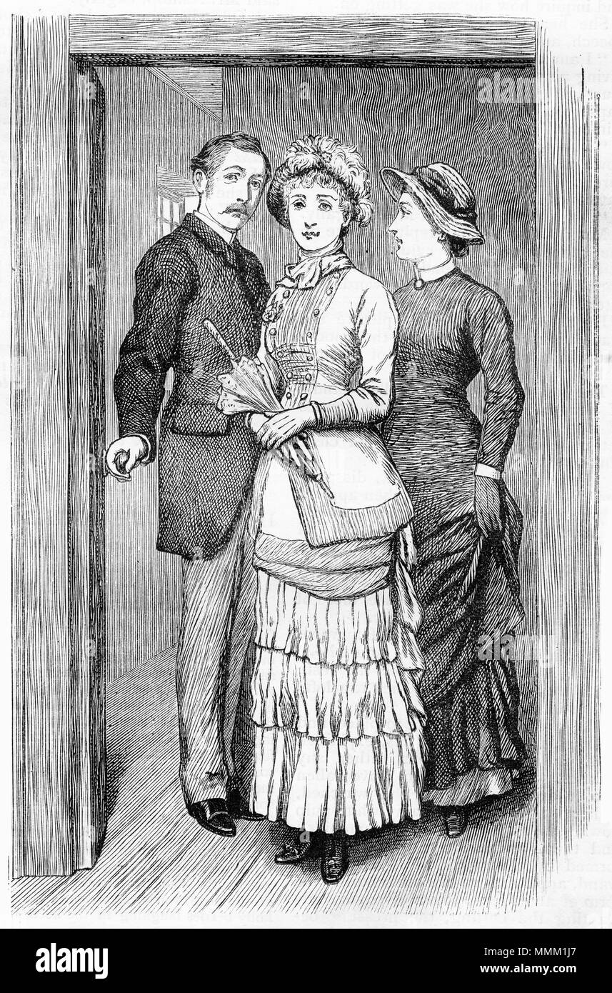 Engraving of three people in Victorian style clothing in a doorway. From an original engraving in the Girl's Own Paper magazine 1883. Stock Photo
