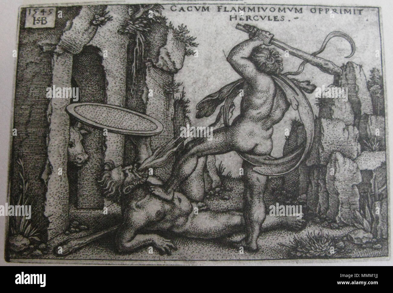 . English: Hercules killing Cacus  . 1545.   Hans Sebald Beham  (1500–)     Alternative names Beham, Hans Sebald  Description German engraver, artist, painter and woodcutter  Date of birth/death 1500 22 November 1550 / 22 November 1550  Location of birth/death Nuremberg Frankfurt  Work location Nürnberg, Frankfurt (Main), München  Authority control  : Q507825 VIAF: 59167585 ISNI: 0000 0001 0905 7714 ULAN: 500115491 LCCN: n80024446 WGA: BEHAM, Hans Sebald WorldCat Hercules killing Cacus, Iconotheca Valvasoriana Stock Photo