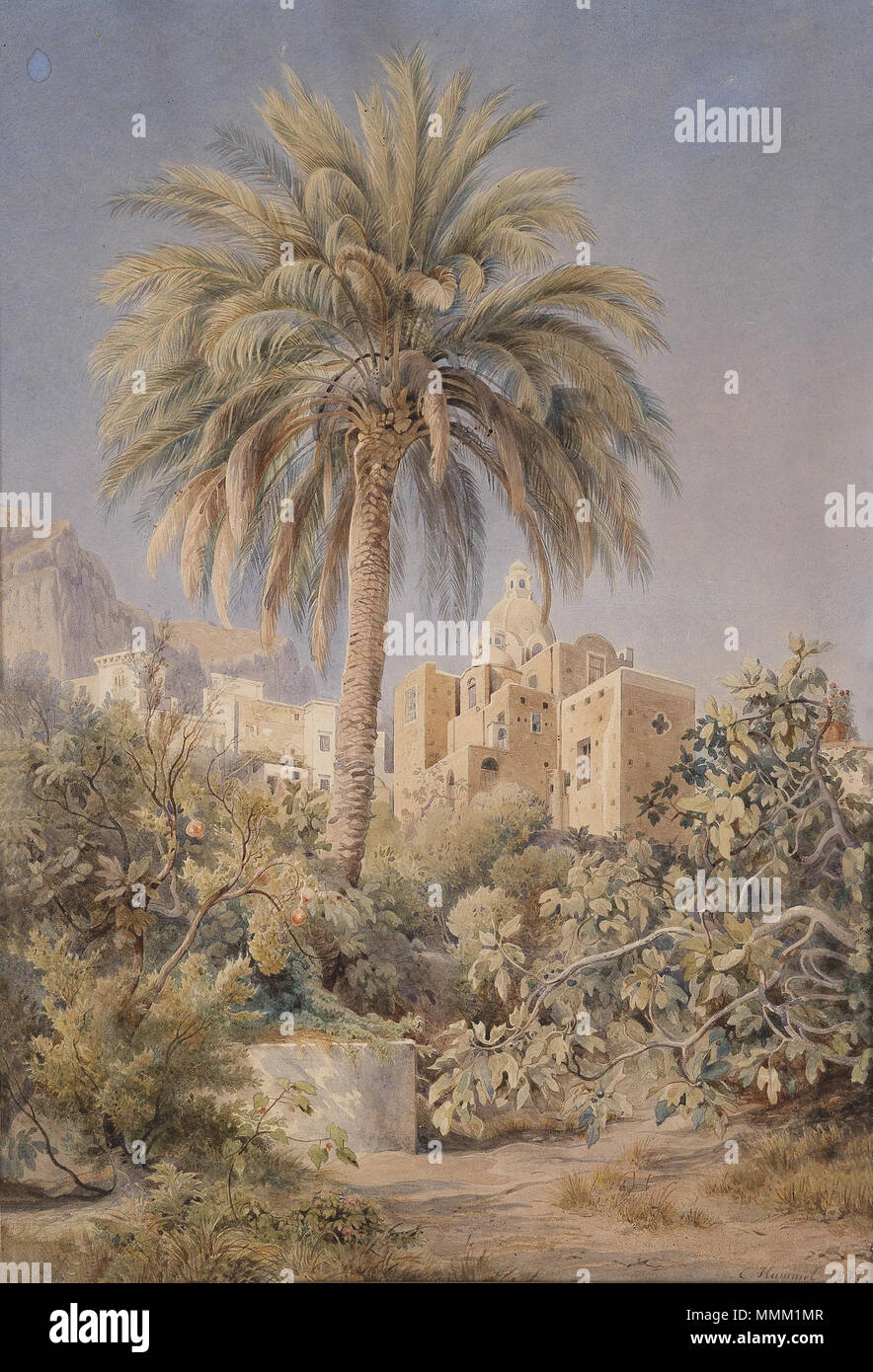 An oriental multi-storied house and a palm tree. 1877. Carl Maria Nicolaus Hummel - Orientalisches Lehmhaus mit Palme (1877 Stock Photo - Alamy