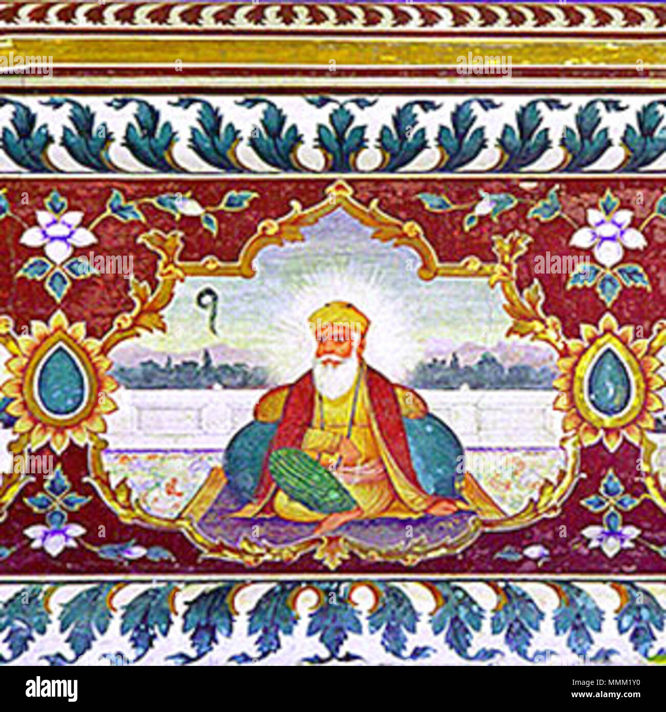 . English: Guru Nanak Dev Ji (15 April 1469 – 22 September 1539) was the founder of the religion of Sikhism and the first of the eleven Sikh Gurus, the eleventh being the living Guru, Guru Granth Sahib.  . 8 March 2013, 14:02:59. Unknown GuruNanakFresco-Goindwal Stock Photo