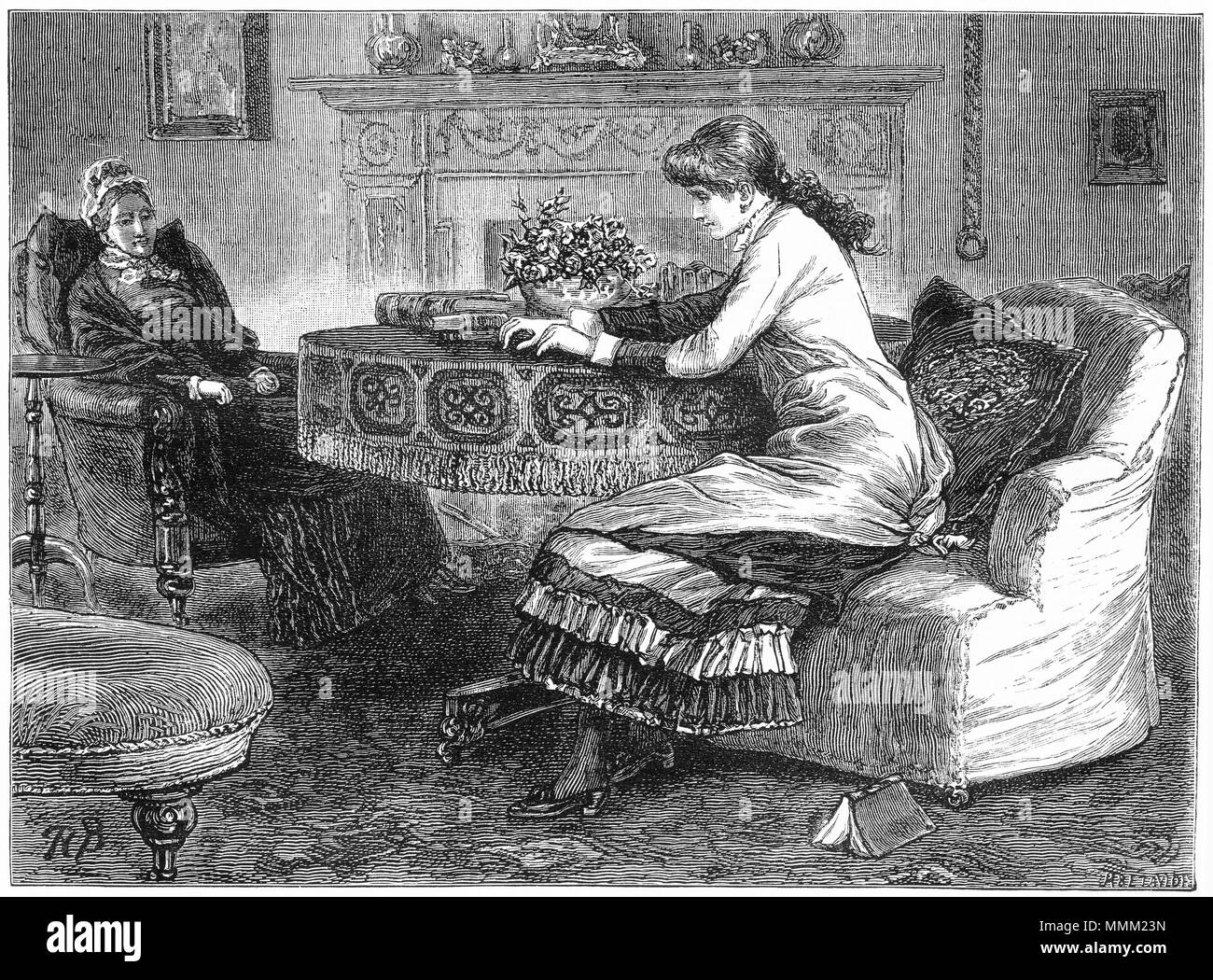 Engraving of a young woman at home with an older woman. From an original engraving in the Girl's Own Paper magazine 1882. Stock Photo