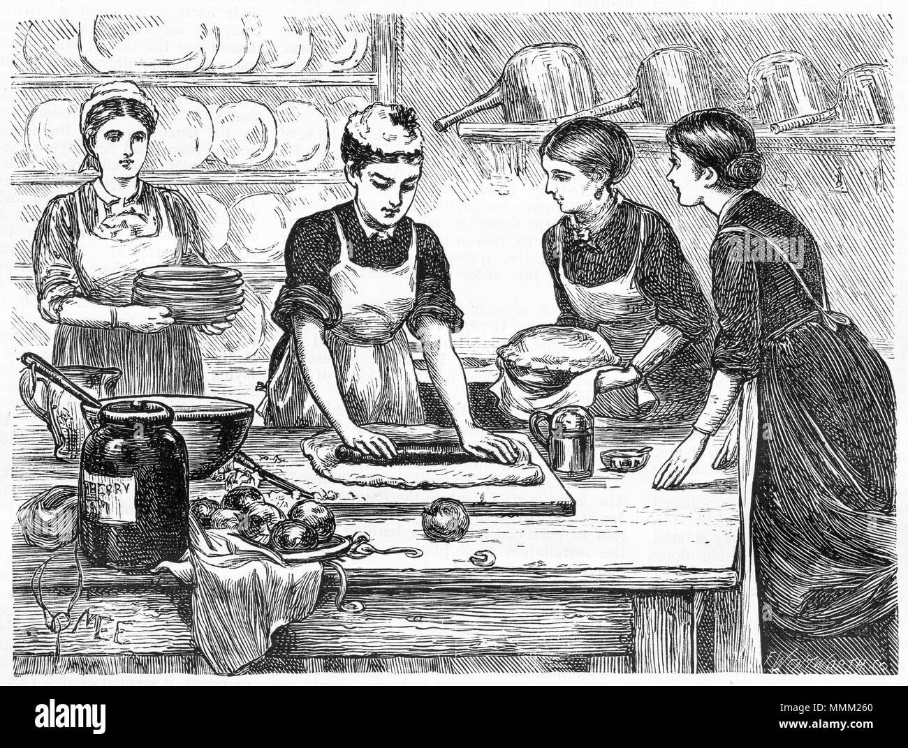 Engraving of a team of women at work in the Victorian kitchen. From an original engraving in the Girl's Own Paper magazine 1883. Stock Photo