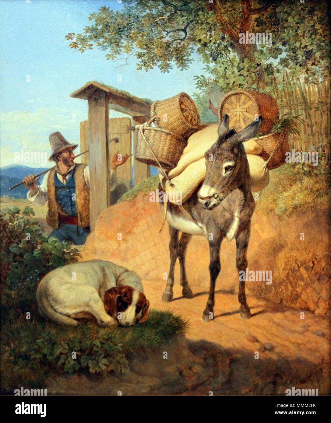. English: Donkey, Dog And Driver Deutsch: Esel, Hund Und Treiber
