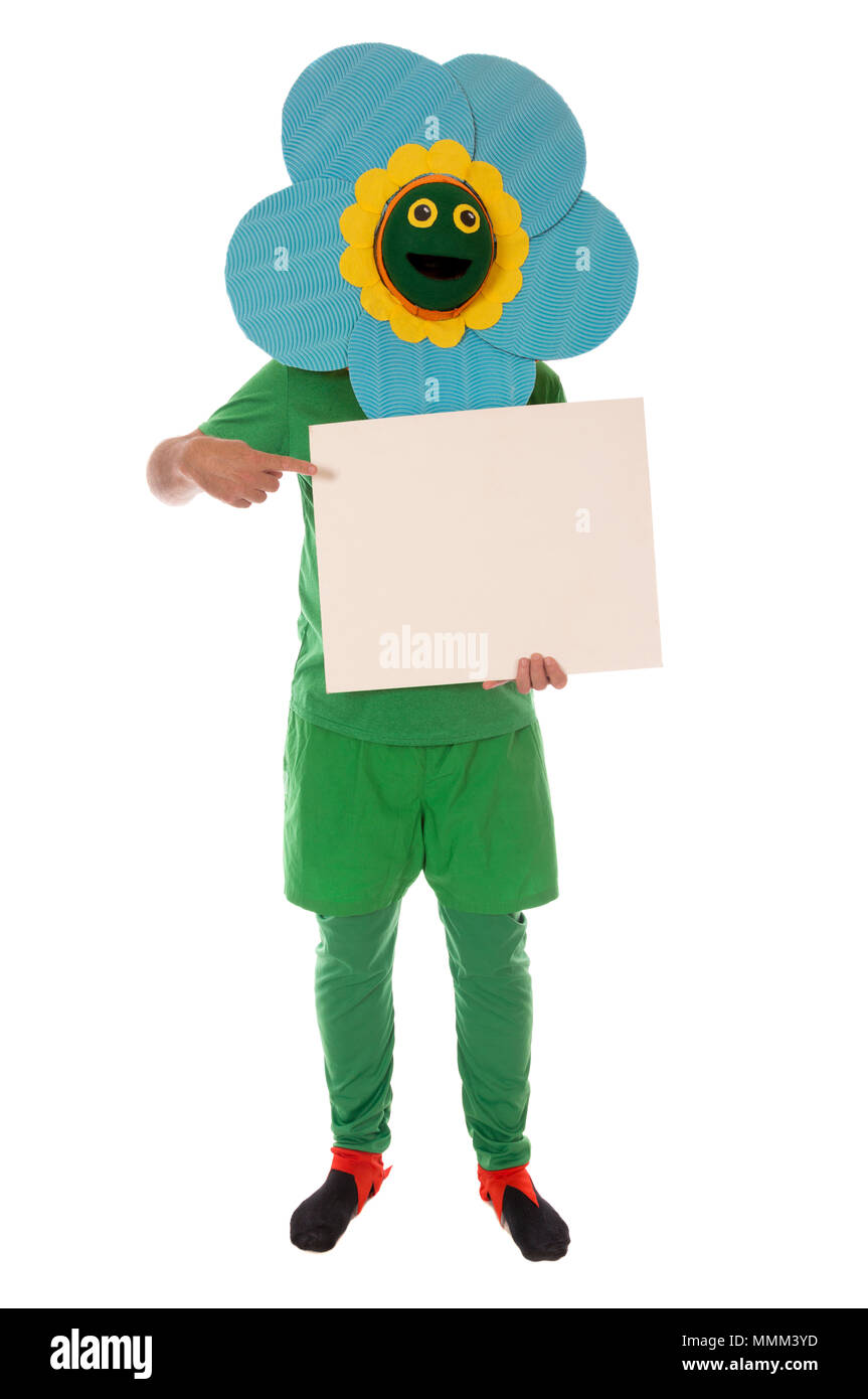 A flower holding a blank placard, add own text. Stock Photo