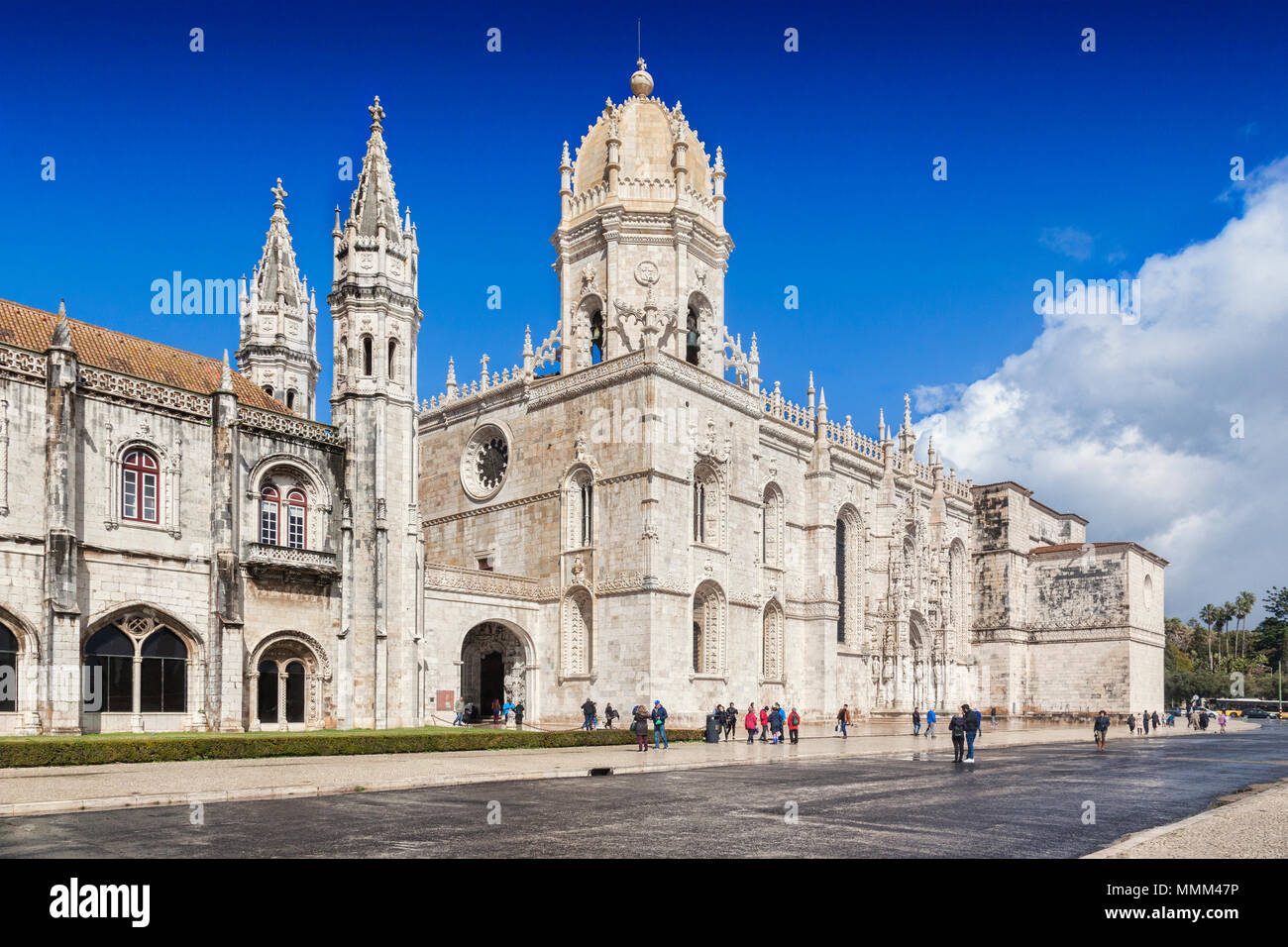 5 March 2018: Lisbon, Portugal - Tourists enjoying early spring sunshine at  Monastery of Jeronimos, Belem. Stock Photo
