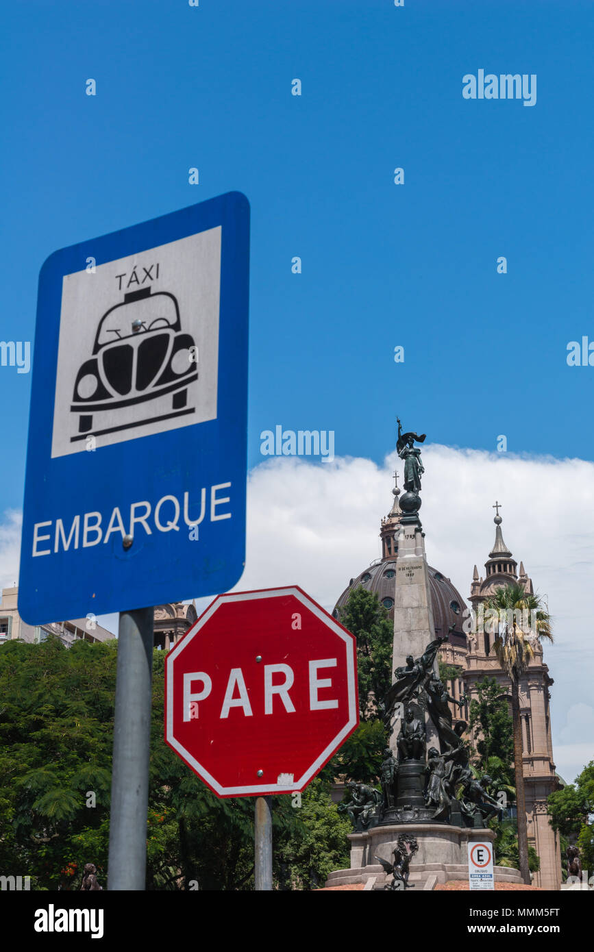 two road signs,Verkehrsschilder,  taxi stand and stop, at the cathedral, Porto Alegre, Rio Gradne do Sul, Brazil, Latin America Stock Photo