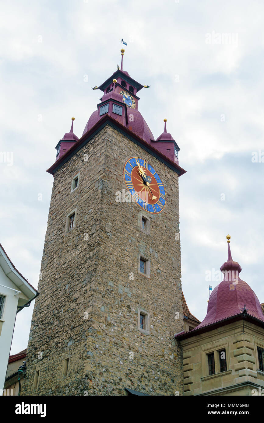 Tower of Rathaus (1602-1606) with wall clock, Lucerne, Switzerland Stock Photo