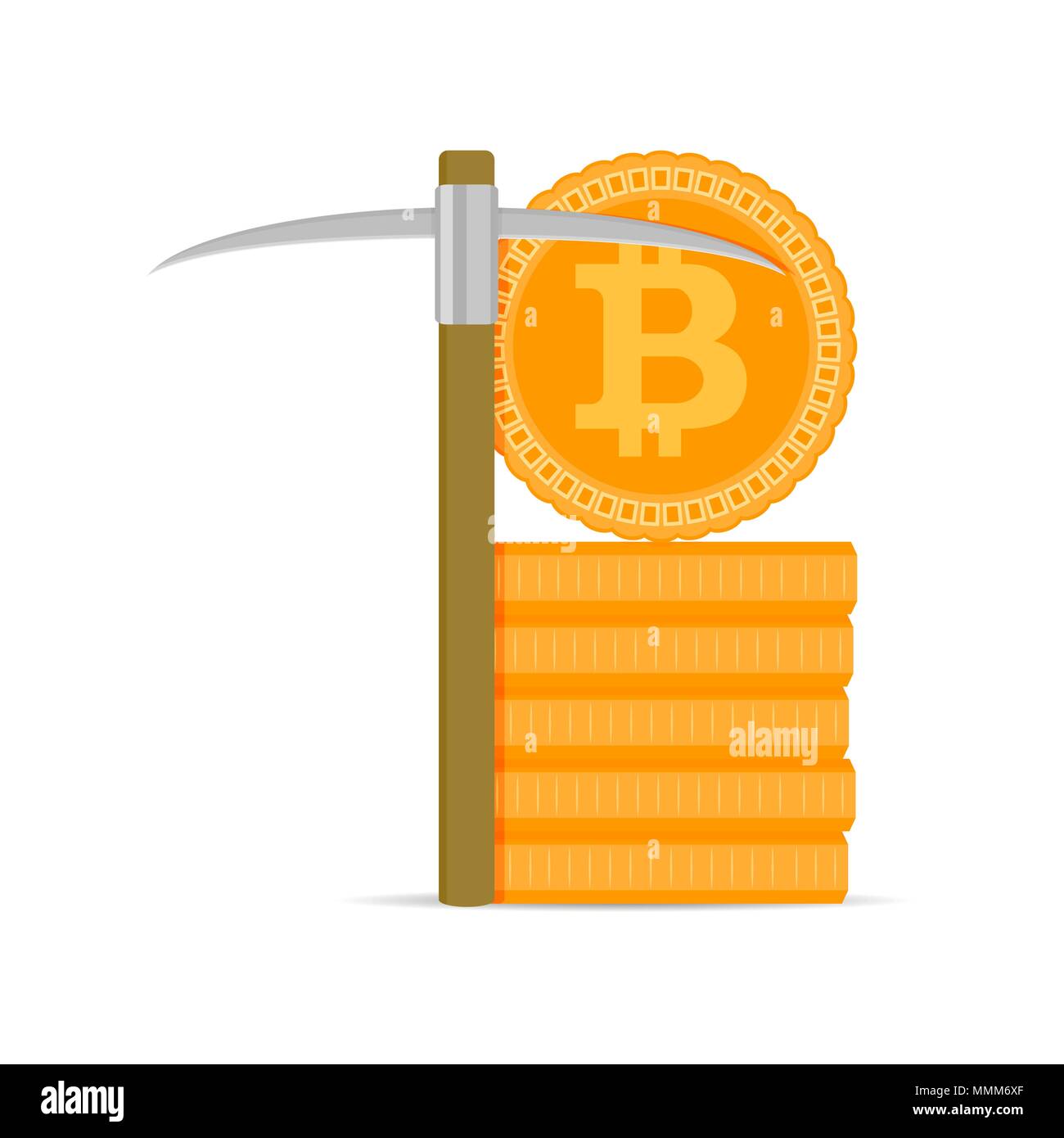 Mining bitcoins gold. Vector coin stack and pickaxe illustration Stock Vector