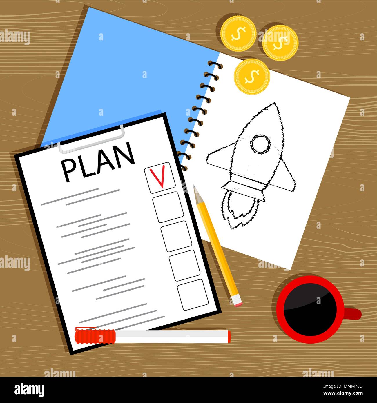 Plan and invest in startup. Investment in business idea, plan and management, start project, planning organization vector illustration Stock Vector