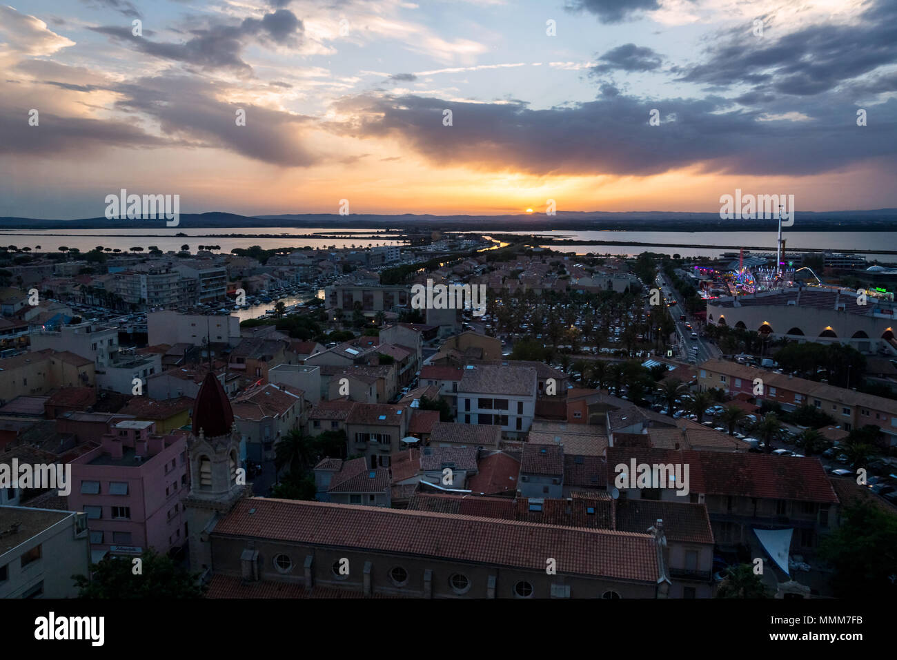 Sunset on French city of Palavas-les-Flots, view on the city underneath. Stock Photo