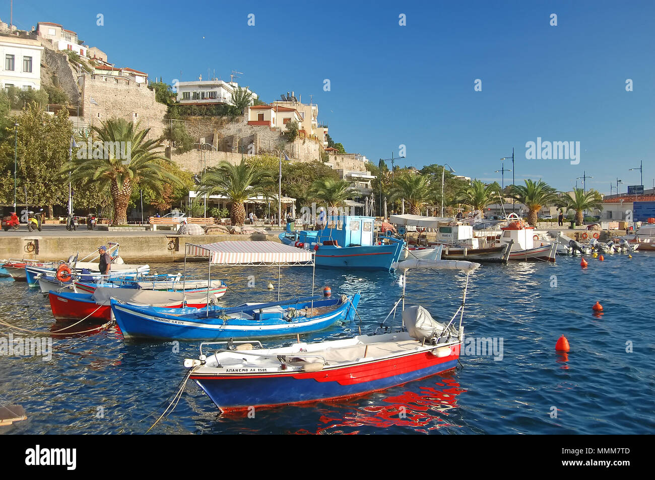 Colored fishing boats in Saint Paul Port, Kavala, Macedonia, Greece Stock Photo