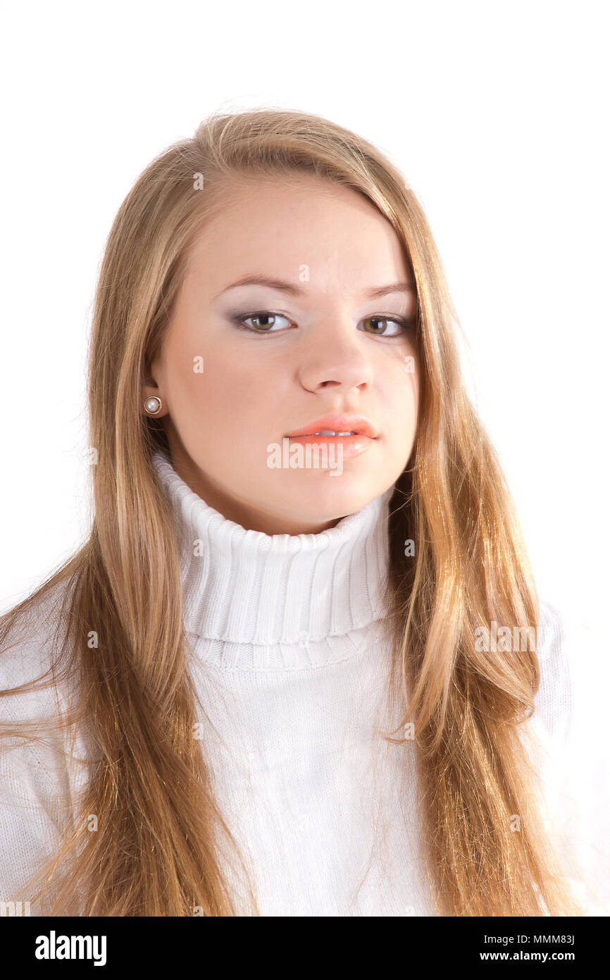 Beautiful Girl With Perfect Skin Long Wavy Hair A White Sweater