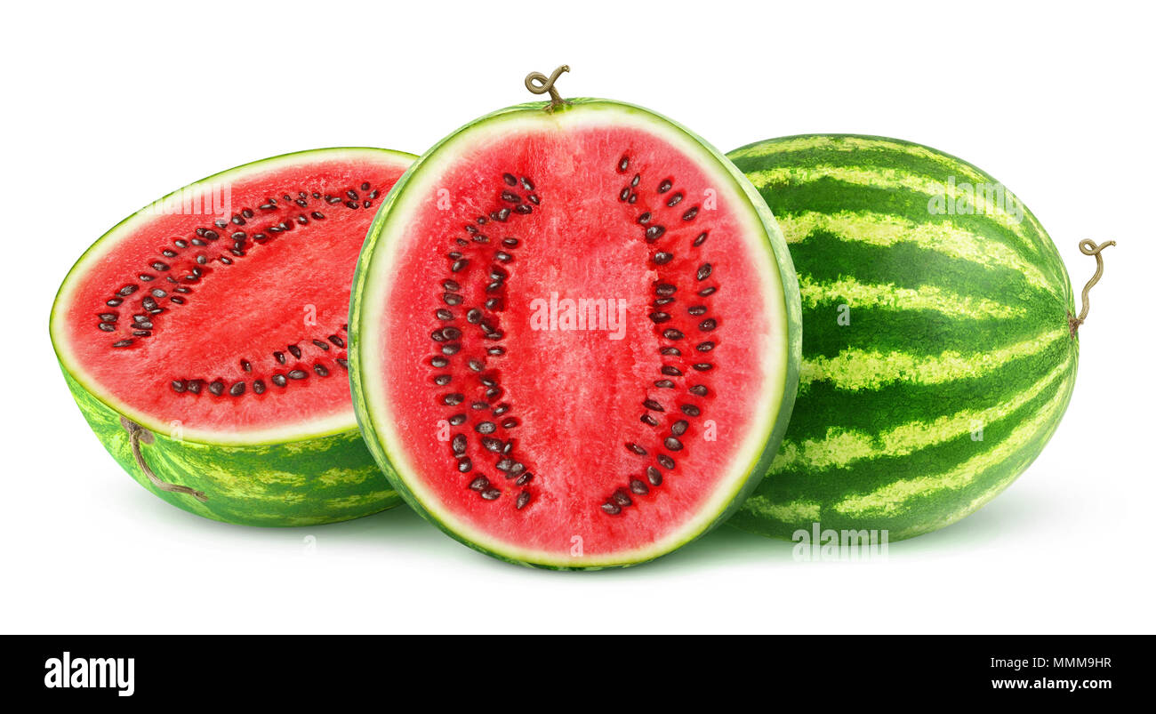 Isolated watermelons. One whole watermelon fruit and one cut in half isolated on white background with clipping path Stock Photo
