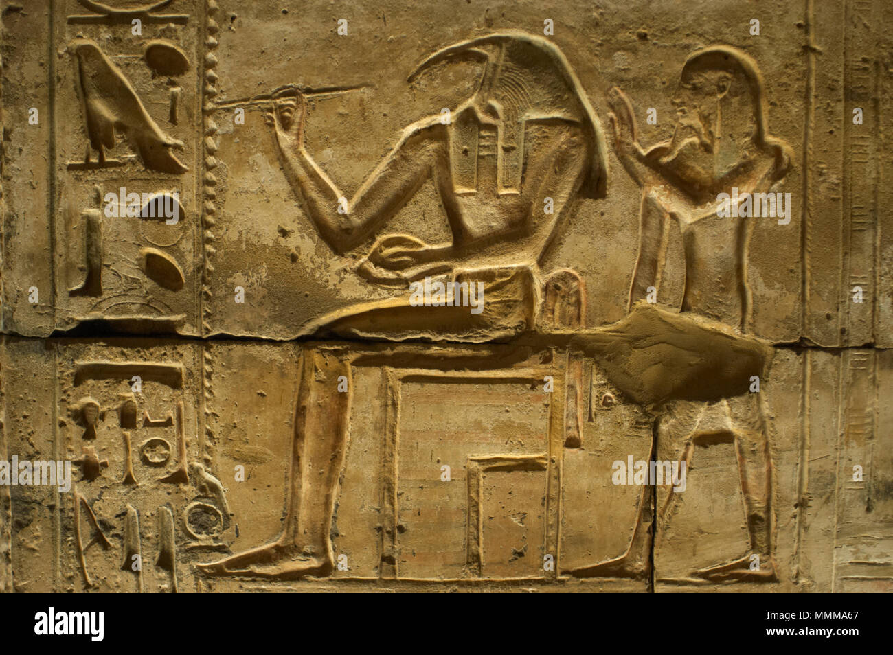 Egypt. Abydos. Temple of Seti I. New Kingdom. 19th Dynasty. Relief with original polychrome. Depiction of god Thoth (Ibis-headed). 1292-1189 BC. Relief. Stock Photo