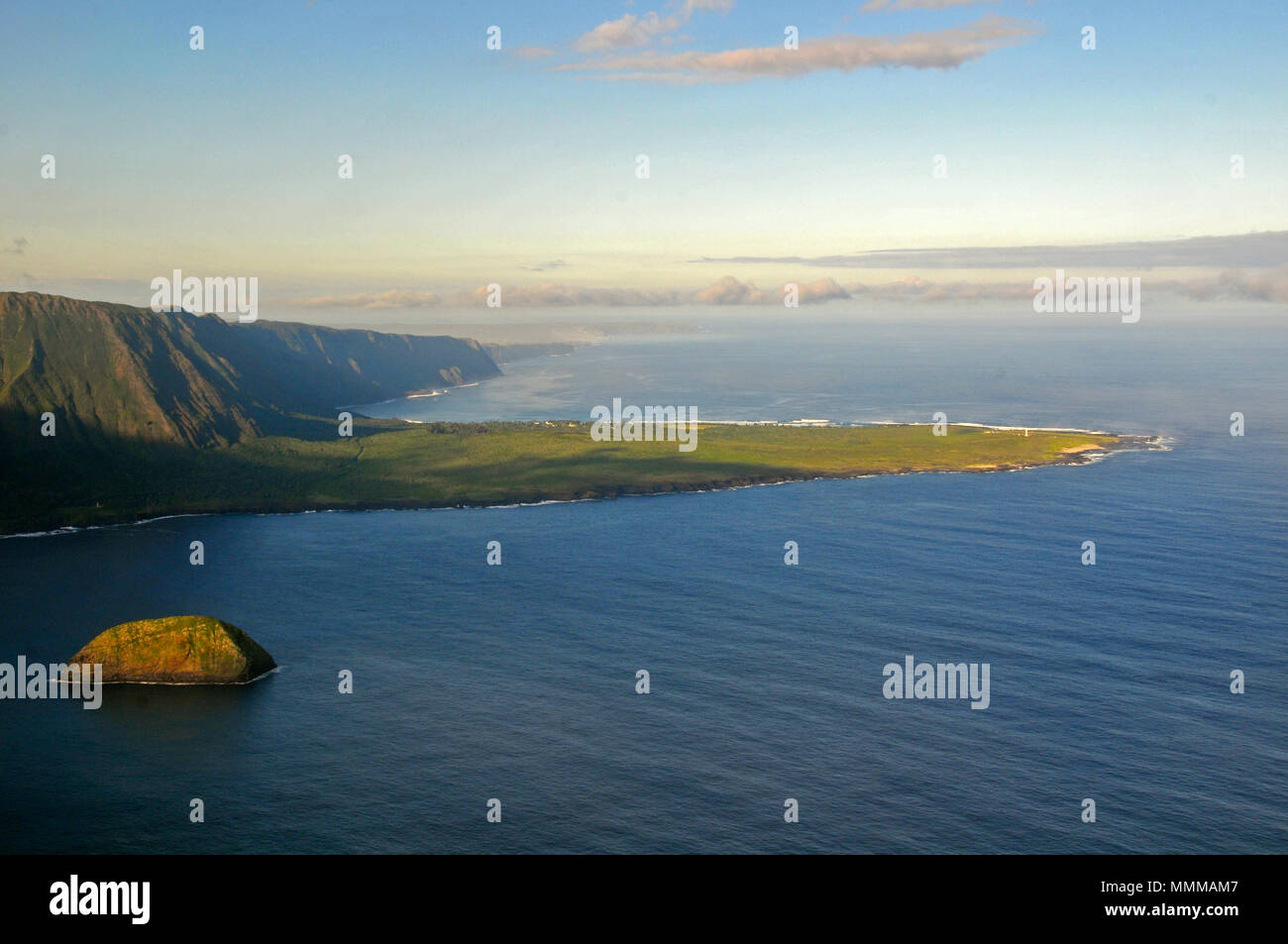 Aerial view of Kalaupapa Peninsula, former leprosy colony, Molokai, Hawaii, USA Stock Photo