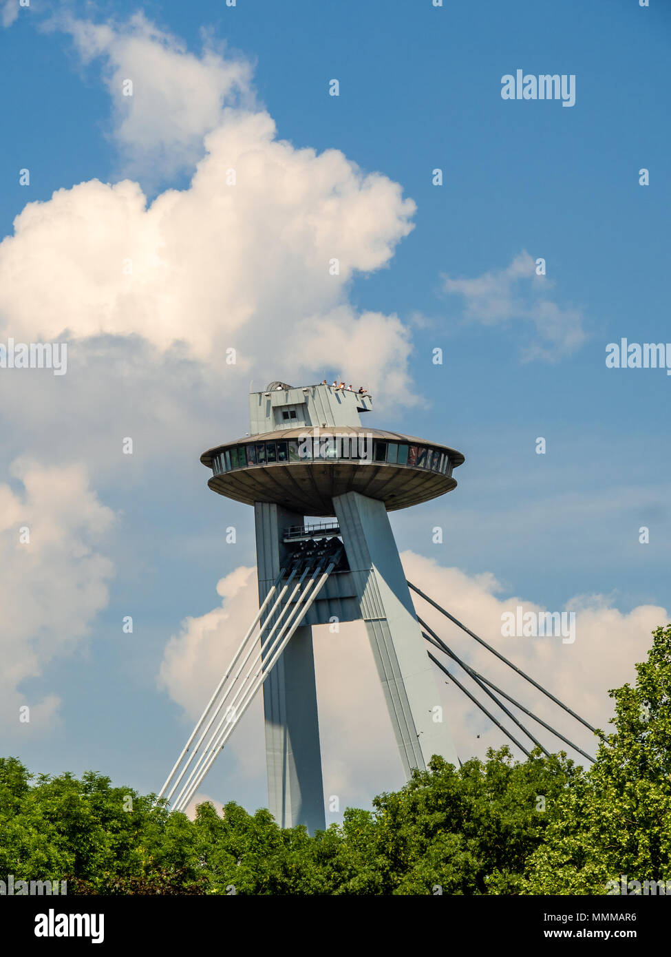 SNP Bridge Pylon with UFO Observation Deck in Bratislava, Slovakia Stock Photo