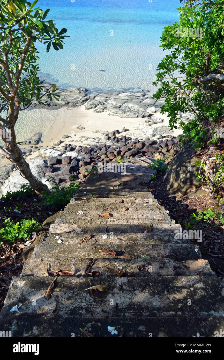 Stairway to a beach in the Nukuatea motu, Wallis Island, Wallis & Futuna, South Pacific Stock Photo