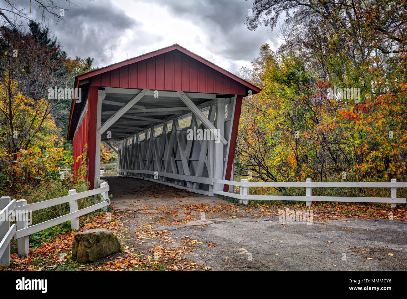 The Everett Road Covered Bridge in the Cuyahoga Valley National Park in Peninsula Ohio. Stock Photo