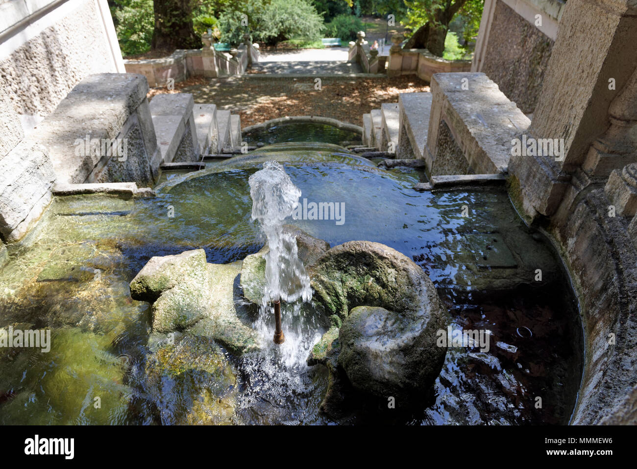 Upper level of the monumental staircase with the fountain of eleven