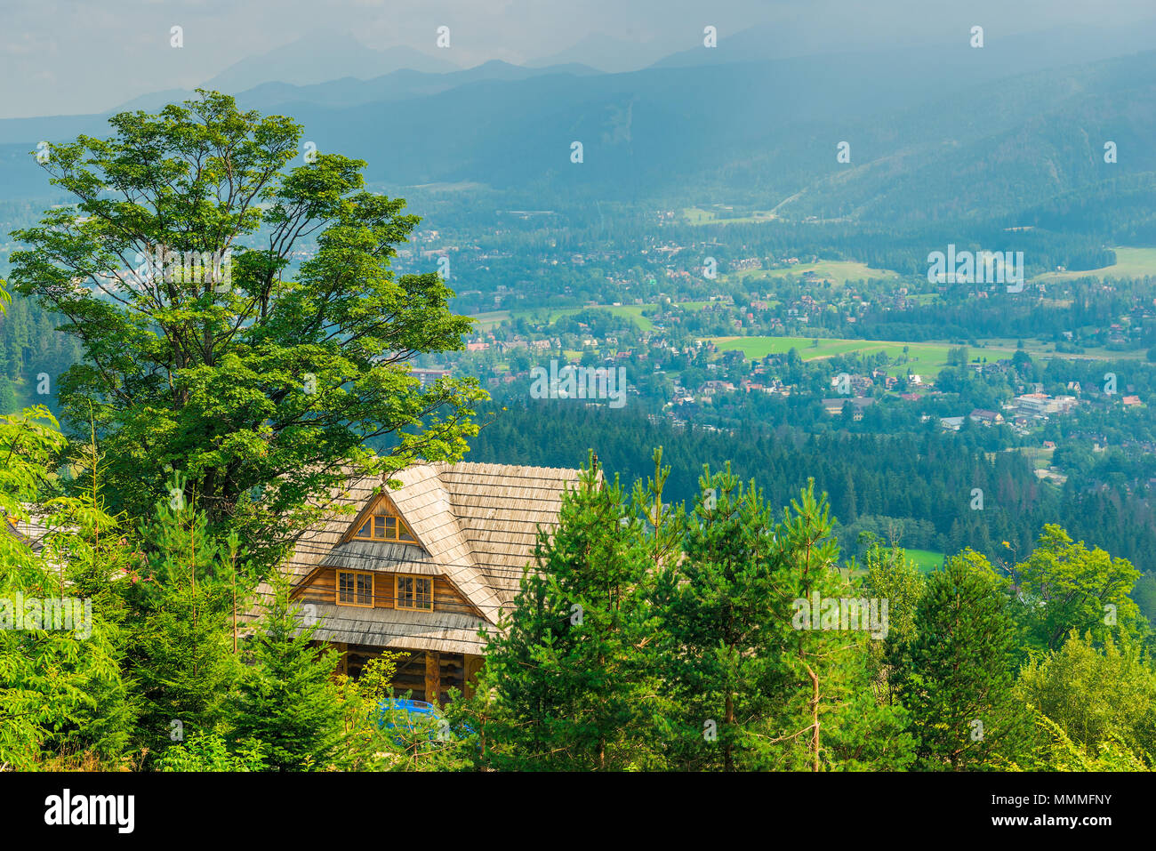shooting from height a village in the valley at the foot of the