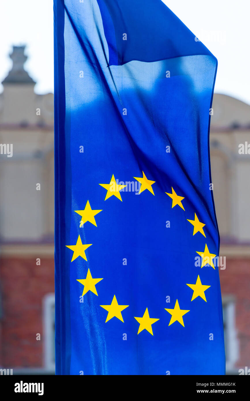 close-up the flag of the European Union fluttering in the wind Stock Photo