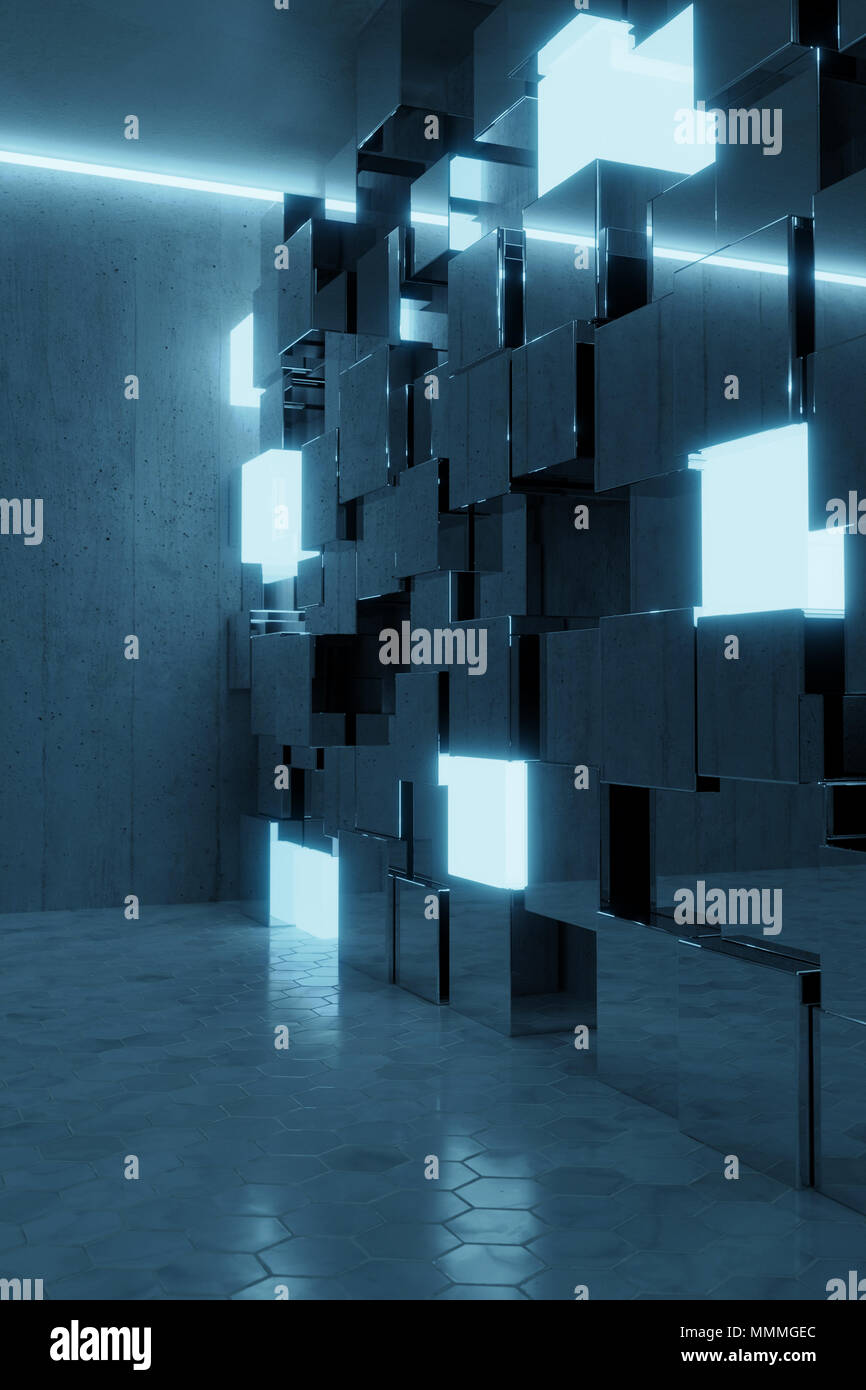 3d rendering of abstract background with blue light and stacked glass ...