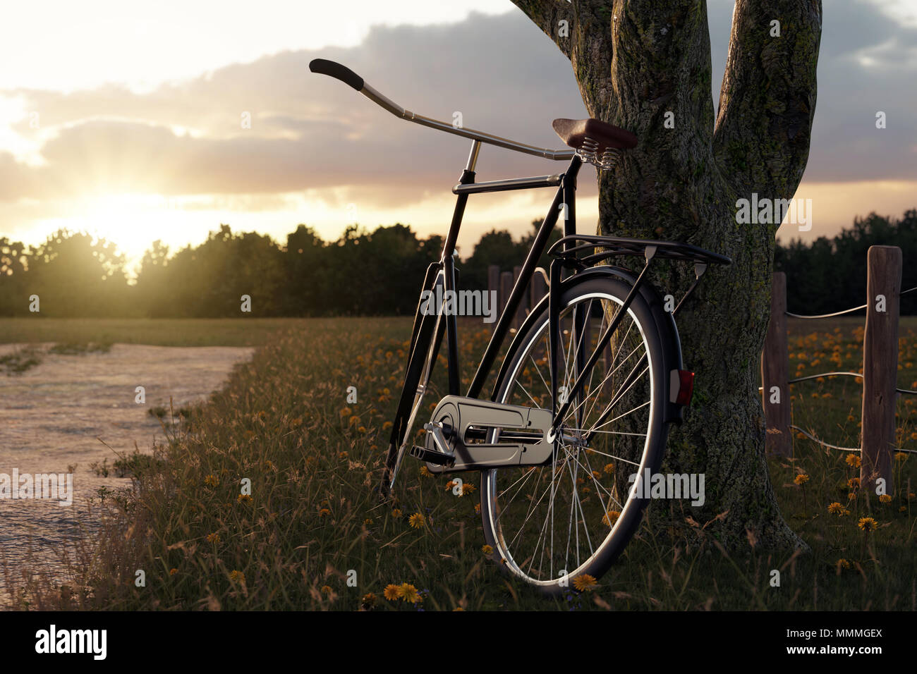 3d rendering of leaned black bicycle at tree in the meadow gras landscape in the evening sunlight Stock Photo