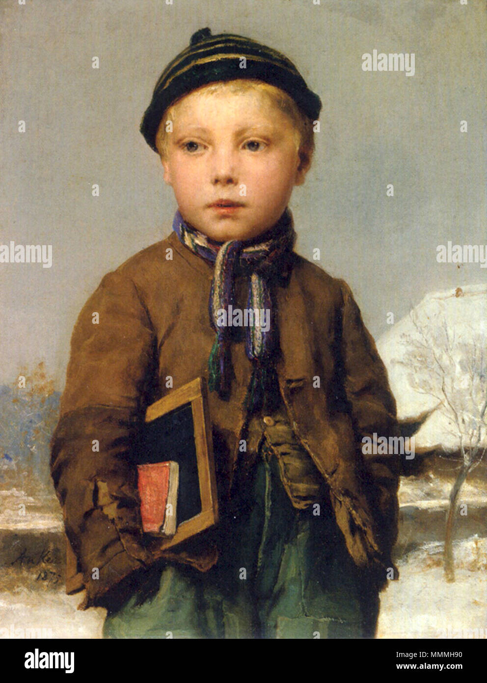 School boy with slate board in a snowy landscape. 1875. Albert Anker - Schulknabe mit Schiefertafel in Schneelandschaft Stock Photo