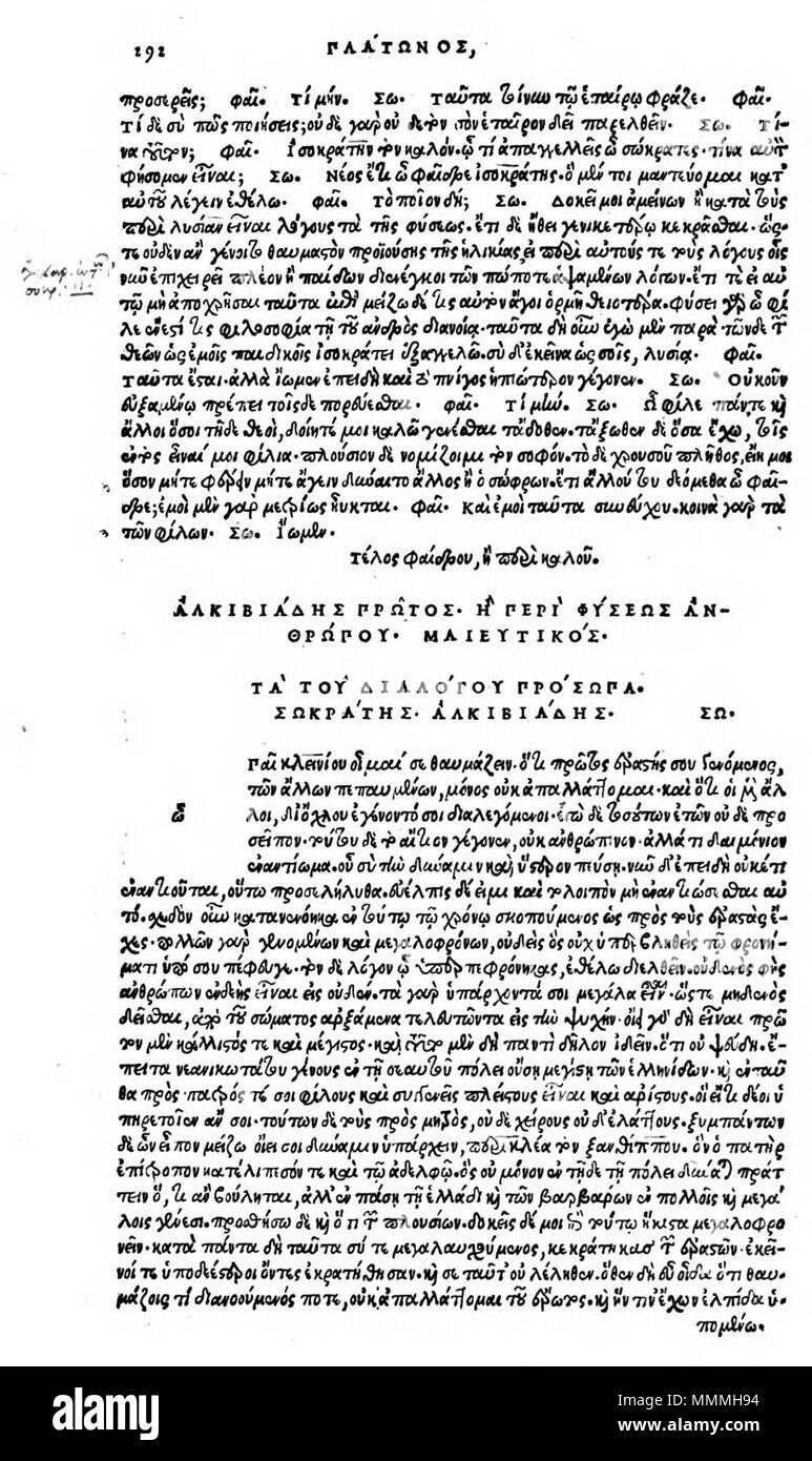 . English: Alkibiades A beginning. Editio princeps, Venice 1513. Deutsch: Alkibiades A, Anfang. Editio princeps, Venedig 1513. . 1513. Plato (–427––347) Alternative names Platon; Bolatu; Platonas; Platone; Aplaton; Aristocles Description Greek philosopher and epigrammatist Date of birth/death 427 BC 347 BC Location of birth/death Classical Athens Classical Athens Authority control : Q859 VIAF:?108159964 ISNI:?0000 0001 2096 469X ULAN:?500248317 LCCN:?n79139459 NLA:?35425332 WorldCat Alkibiades A beginning. Editio princeps Stock Photo