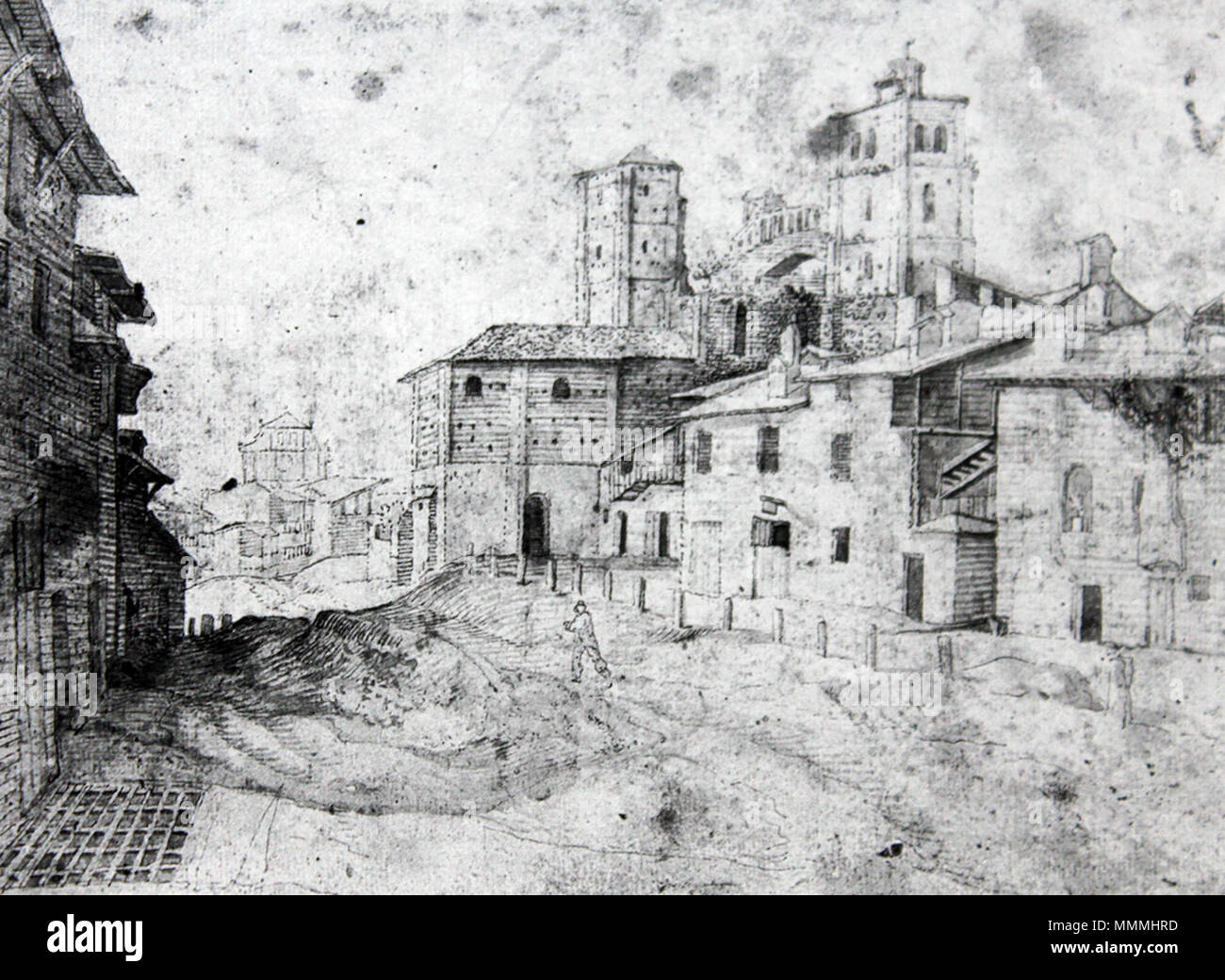 . English: The basilica of San Lorenzo Maggiore of Milan in 1574 after the collapse of the dome  . 20 October 2013, 19:46:53. Unknown Basilica di San Lorenzo Maggiore dopo il crollo della cupola Milano 1574 Stock Photo