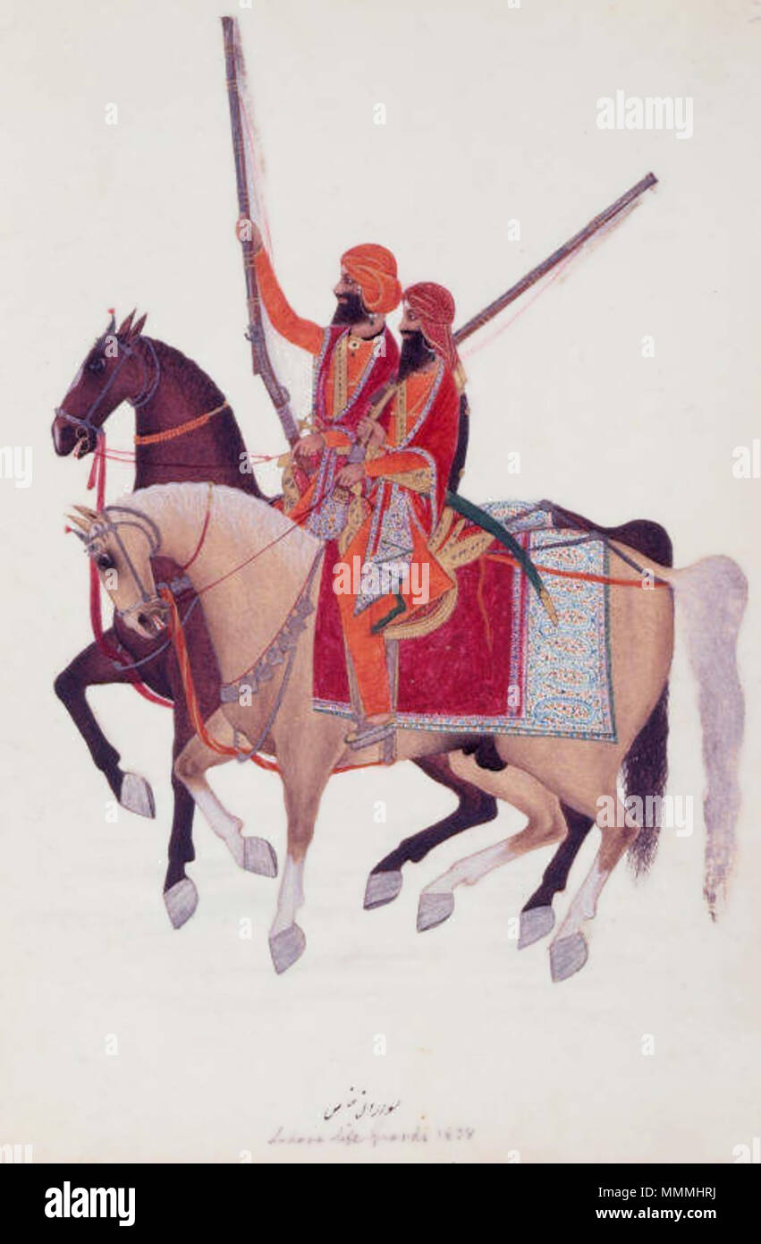 . English: Bodyguard of Ranjit Singh, inscribed in Persian, 'Sawardan i khass'; in English 'Lahore Life Guards 1838'. Pencil and watercolour, 1838-39  . between 1838 and 1839. Unknown Bodyguard of Ranjit Singh Stock Photo