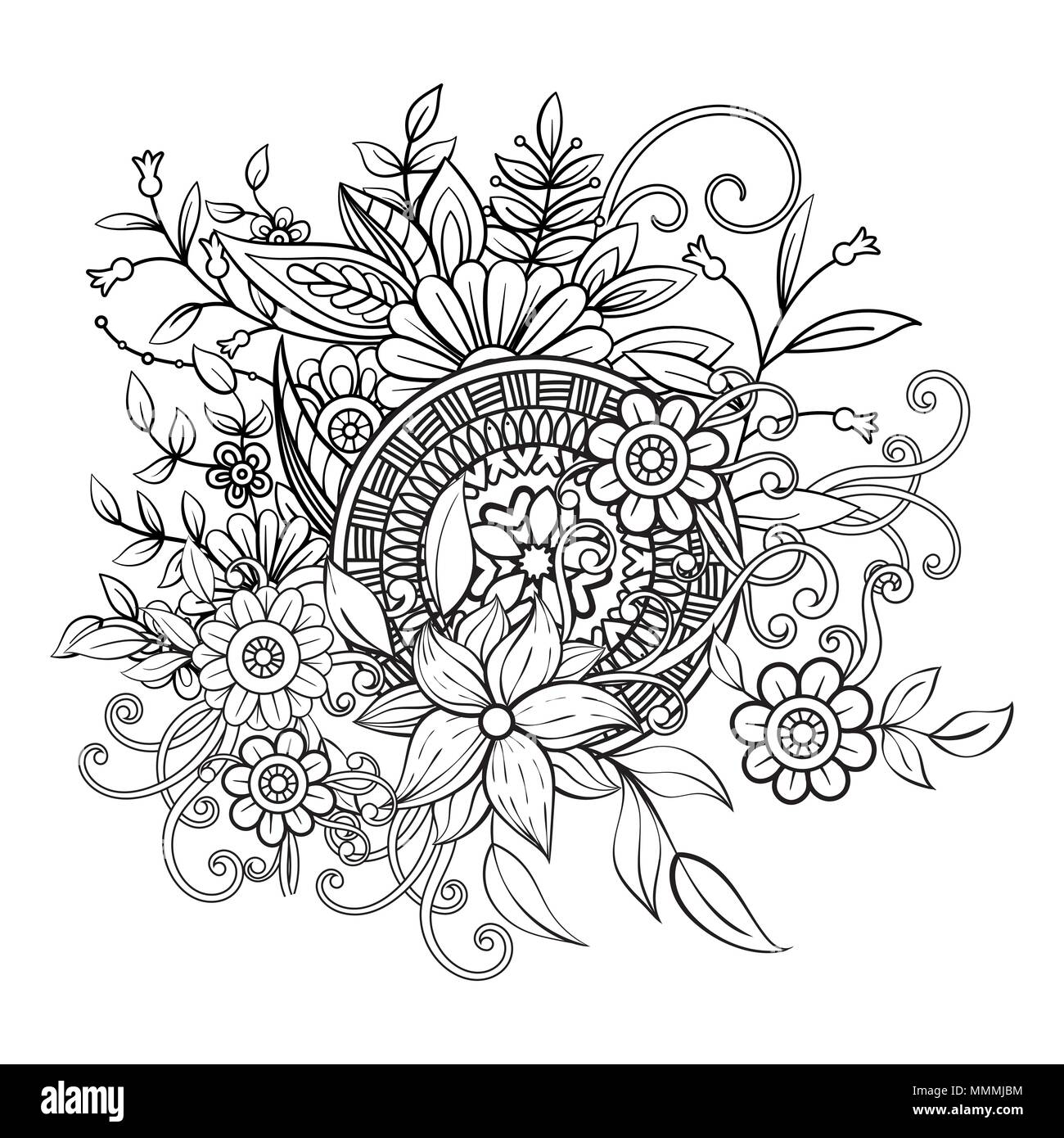 Floral pattern in black and white. Adult coloring book page with flowers and mandala. Art therapy, anti stress coloring page. Hand drawn vector illustration Stock Vector