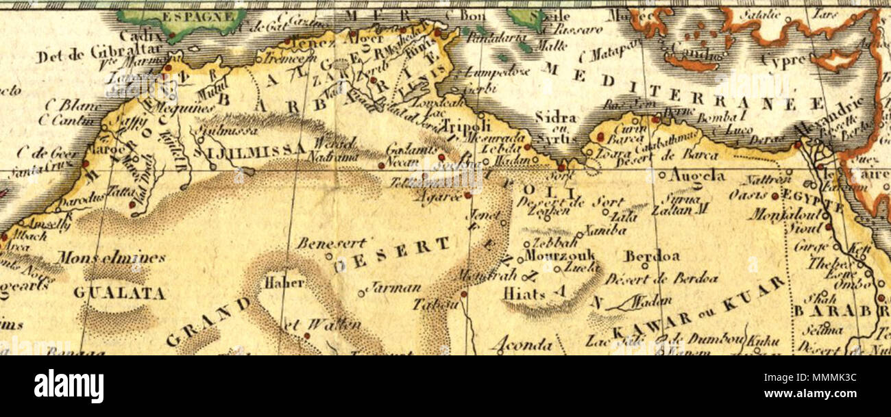 English: Detail of North Africa map; taken from existing Wikipedia file .  1800. Aaron Arrowsmith (1750–1823) Description British cartographer and  publisher Date of birth/death 14 July 1750 28 April 1823 Location