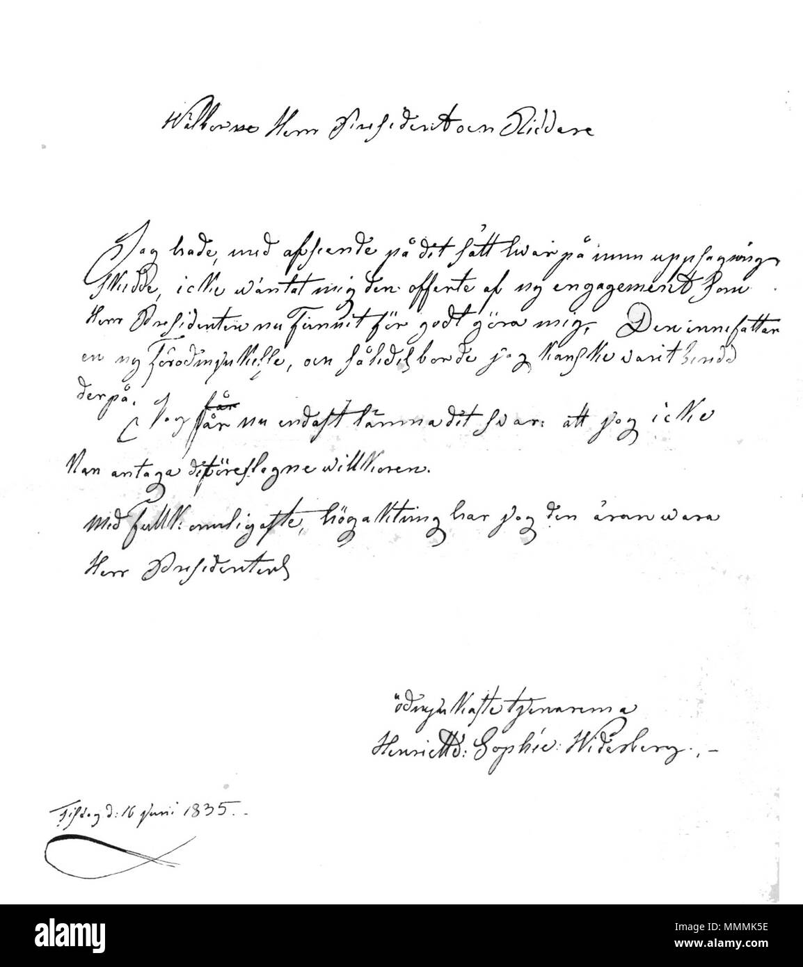 . English: A letter from Henriette Widerberg Svenska: Ett brev från Henriette Widerberg  . 1835. Henriette Widerberg 124-Brev1-PST7 Stock Photo