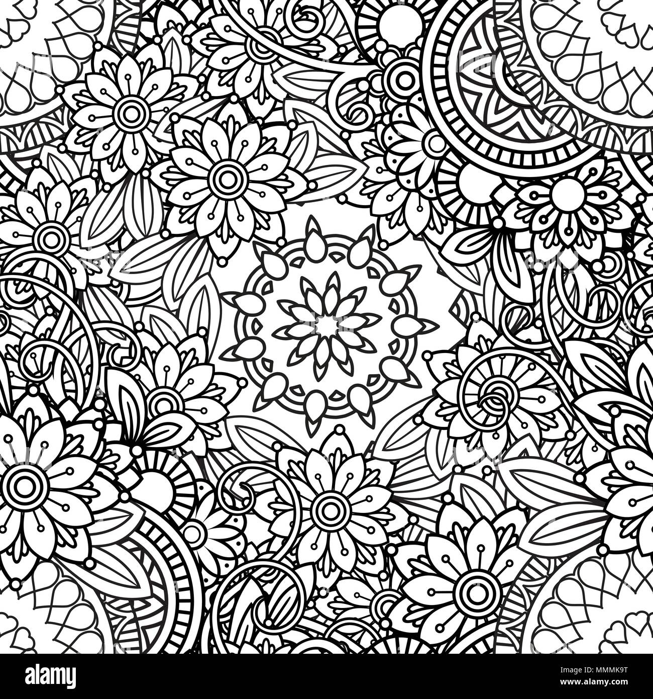 Hand drawn seamless pattern with leaves and flowers. Doodles floral ornament. Black and white decorative elements. Perfect for wallpaper, adult coloring books, web page background, surface textures. Stock Vector