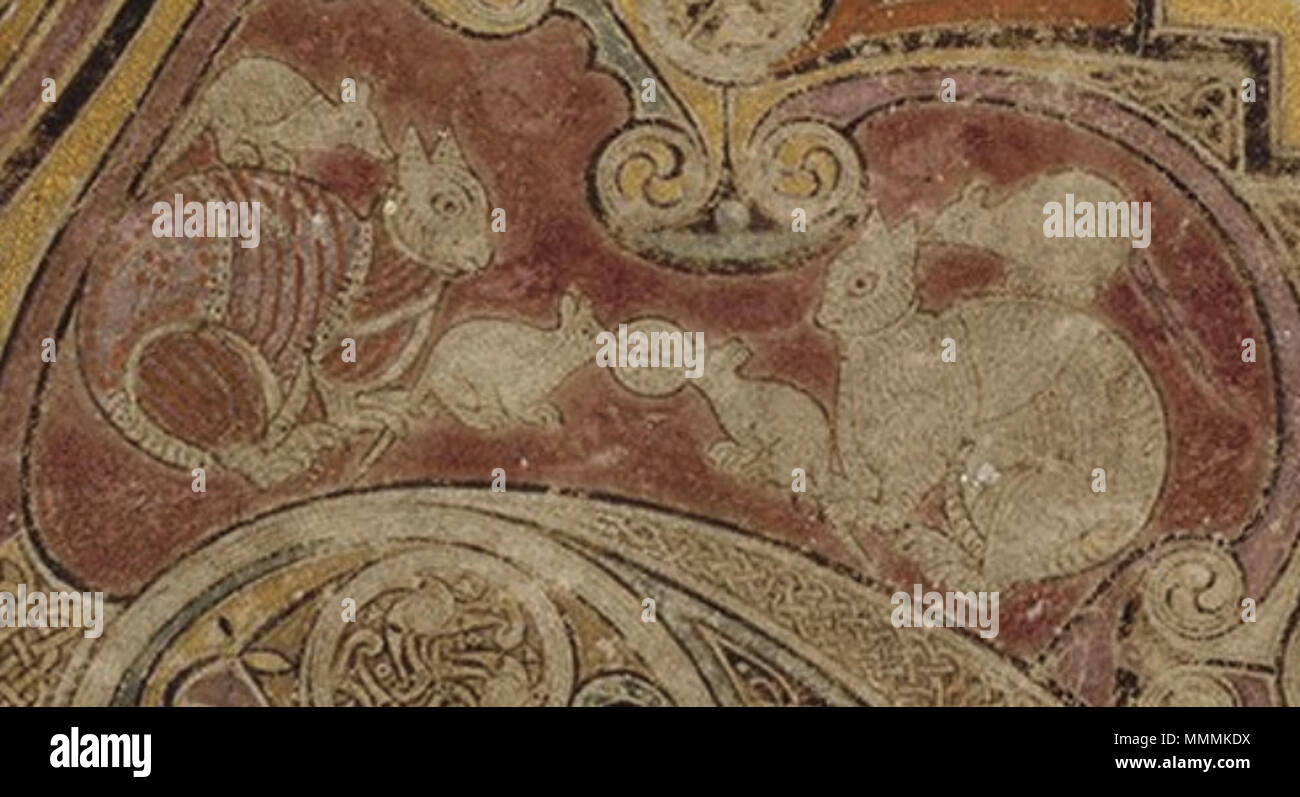 . Deutsch: Detail der Initialseite „XRO“ im Book of Kells: Katzen und Mäuse[1]  . circa 800. Unknown Book of Kells 34r - Katzen und Maeuse Stock Photo