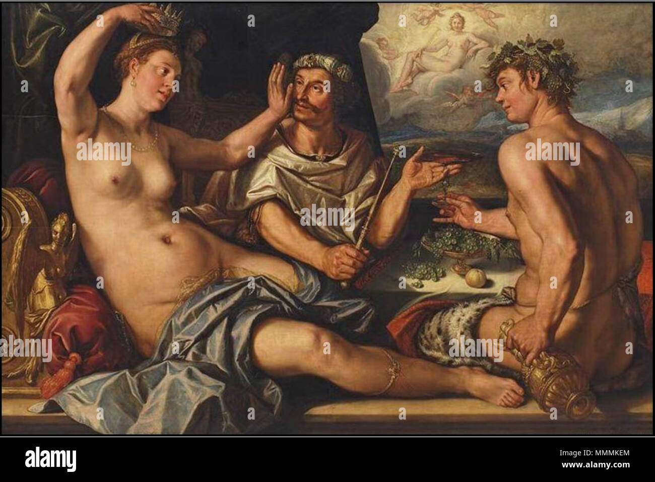 .  English: Bacchus is handling the king a goblet, but at the very same moment the king is being slapped on the cheek by his concubine Apame, who has taken off his crown and is placing it on her own head in illustration of 3 Esdras 4:29.  . 1 January 1614.   Hendrik Goltzius  (1558–1617)     Alternative names Hendrick Goltius, Hendrick Goltz, Hendrick Golzius, Hendrick van Bracht, Hendricus Goltzius, Henricus Goltzius, Hendrick Gols, Hendrik Gols, Hendrik Goltz, Hendrik Goltius, Henrik Golzius  Description Dutch printmaker, painter, draughtsman and publisher  Date of birth/death February 1558  Stock Photo