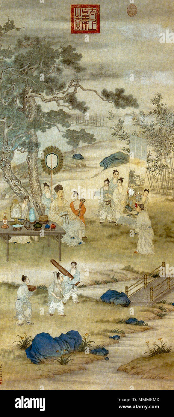 Emperor Qianlong inspects paintings. 18th century. Giuseppe Castiglione - Emperor Qianlong inspects paintings Stock Photo