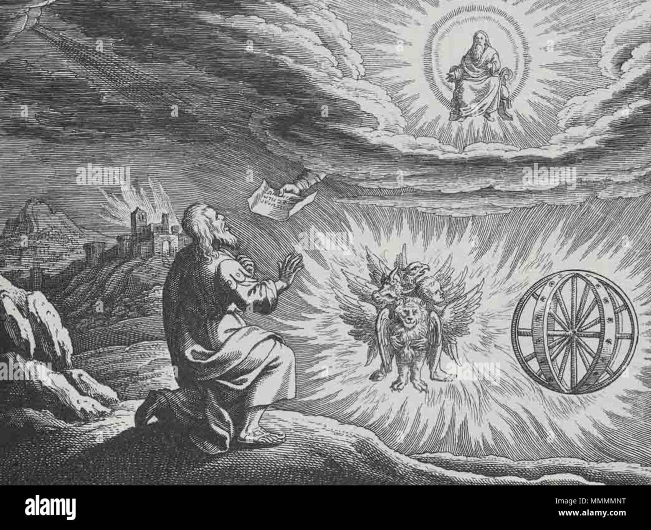 . English: Engraved illustration of the 'chariot vision' of the Biblical book of Ezekiel, chapter 1, made by Matthaeus (Matthäus) Merian (1593-1650), for his 'Icones Biblicae' (a.k.a. 'Iconum Biblicarum').  . before 1650. Matthaeus (Matthäus) Merian (1593-1650) Ezekiel-Vision-Merkaba Stock Photo