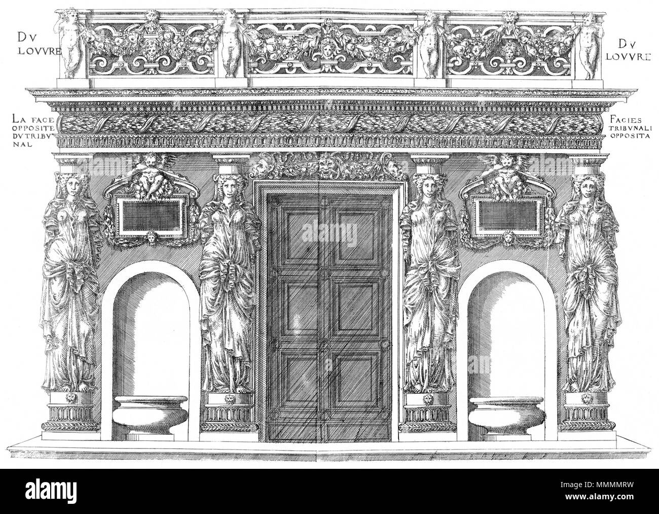 . English: Engraving from Le premier volume des plus excellents Bastiments de France by Jacques I Androuet du Cerceau, showing the four caryatids sculpted by Jean Goujon in what is now called the Salle des Caryatides in the west wing (Aile Lescot) of the Louvre Palace  . 21 May 2014, 11:55:19. Sculptor :   Jean Goujon  (1511–1567)      Alternative names Jean Goujeon; J. Goujon; Jean Gougeon; J. Gougeon; Jean Gouyon  Description French architect, sculptor, drawer and engraver  Date of birth/death circa 1510 after 1572  Location of birth/death Possibly Normandy Possibly Bologna  Work location Éc Stock Photo
