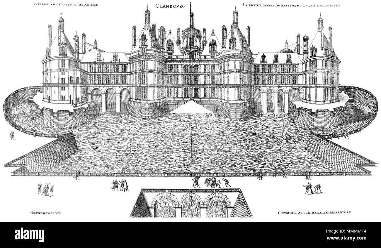 .  English: Engraving from Le premier volume des plus excellents Bastiments de France by Jacques I Androuet du Cerceau, showing the northwest facade of the Château de Chambord  . 1576. Bastiments v1 (Gregg 1972 p32) - Chambord northwest facade Stock Photo